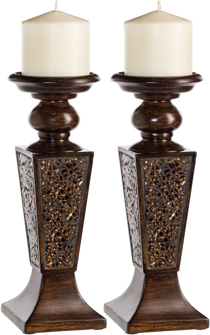 Creative Scents Schonwerk Brown Pillar Candle Holder Set of 2- Crackled Mosaic Design- Functional Table Decorations- Centerpieces for Dining/Living Room- Best Wedding Gift