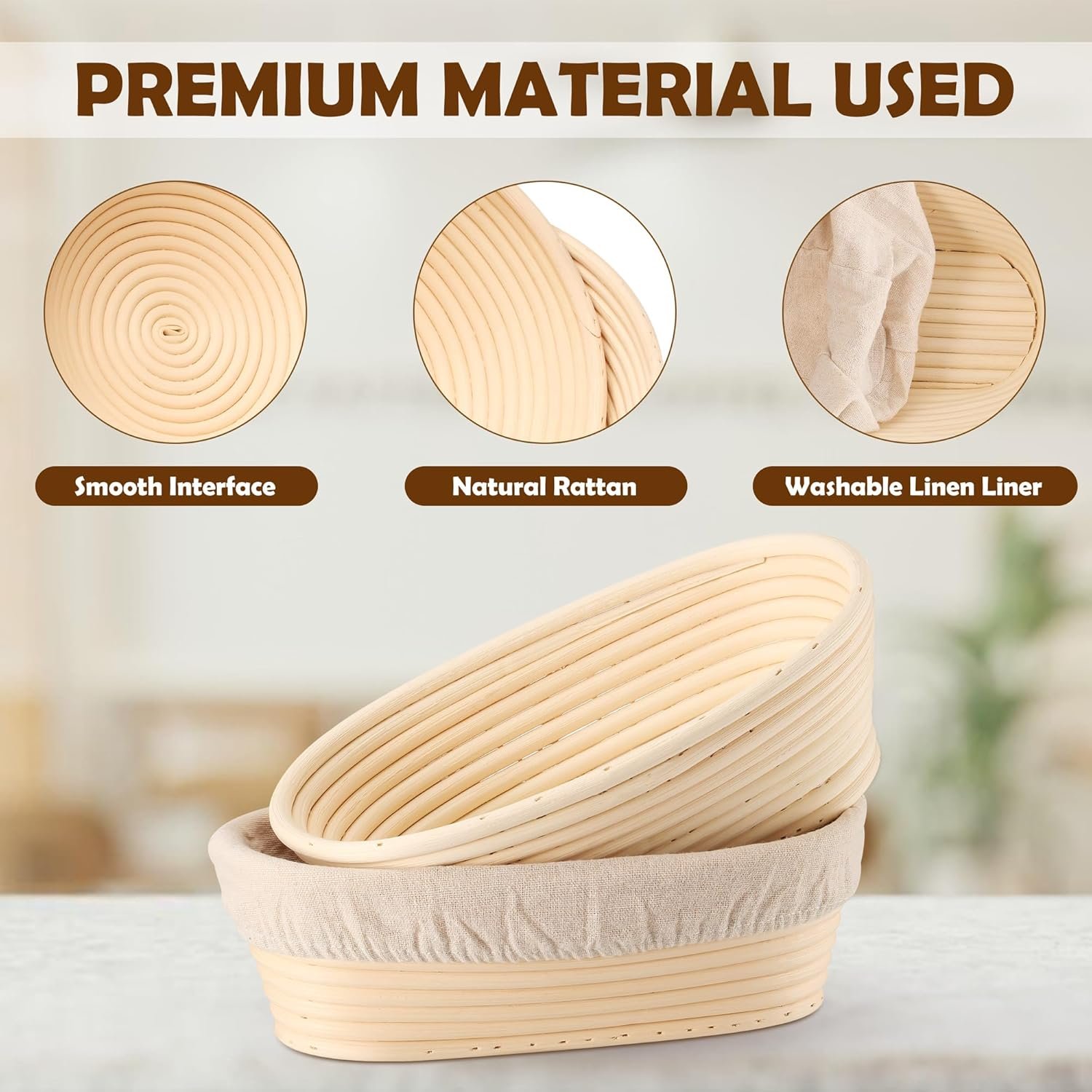 OEM Bread Proofing Baskets Set of 2 10-Inch Oval Dough Bowls with Liners for Sourdough Rising Home Professional Baking Factory