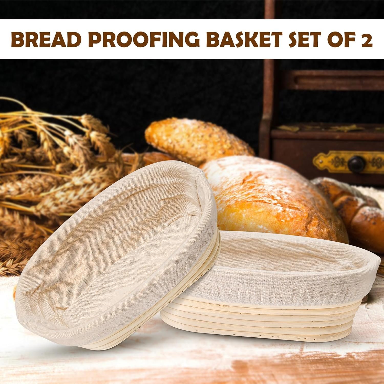 OEM Bread Proofing Baskets Set of 2 10-Inch Oval Dough Bowls with Liners for Sourdough Rising Home Professional Baking Factory