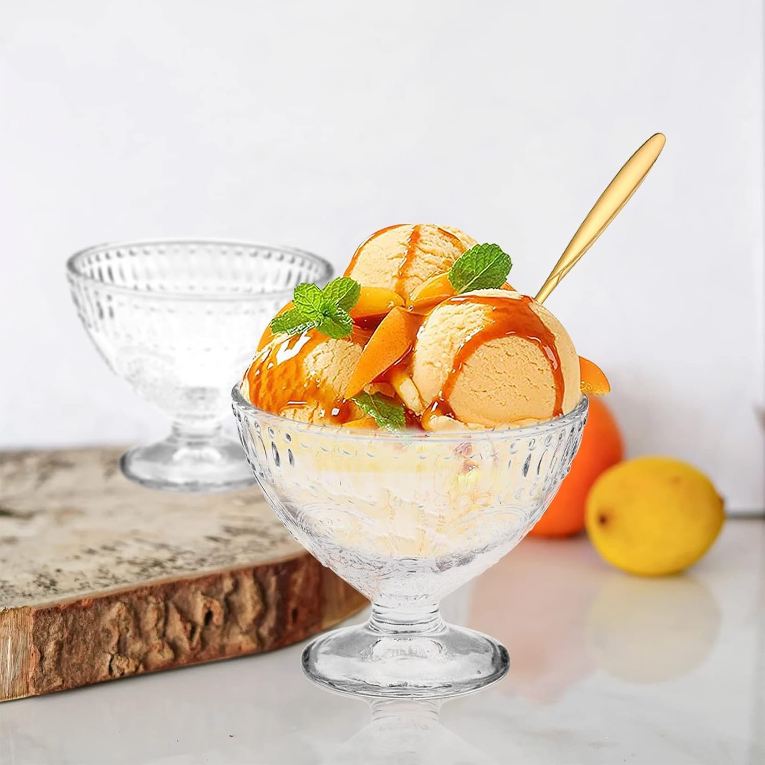 OEM 6-Piece 7.44oz Footed Glass Dessert Bowls with Spoons Embossed Trifle Dishes for Ice Cream Sundaes Fruit Salads Elegant Reusable Serving for Parties Weddings Home Decor Factory