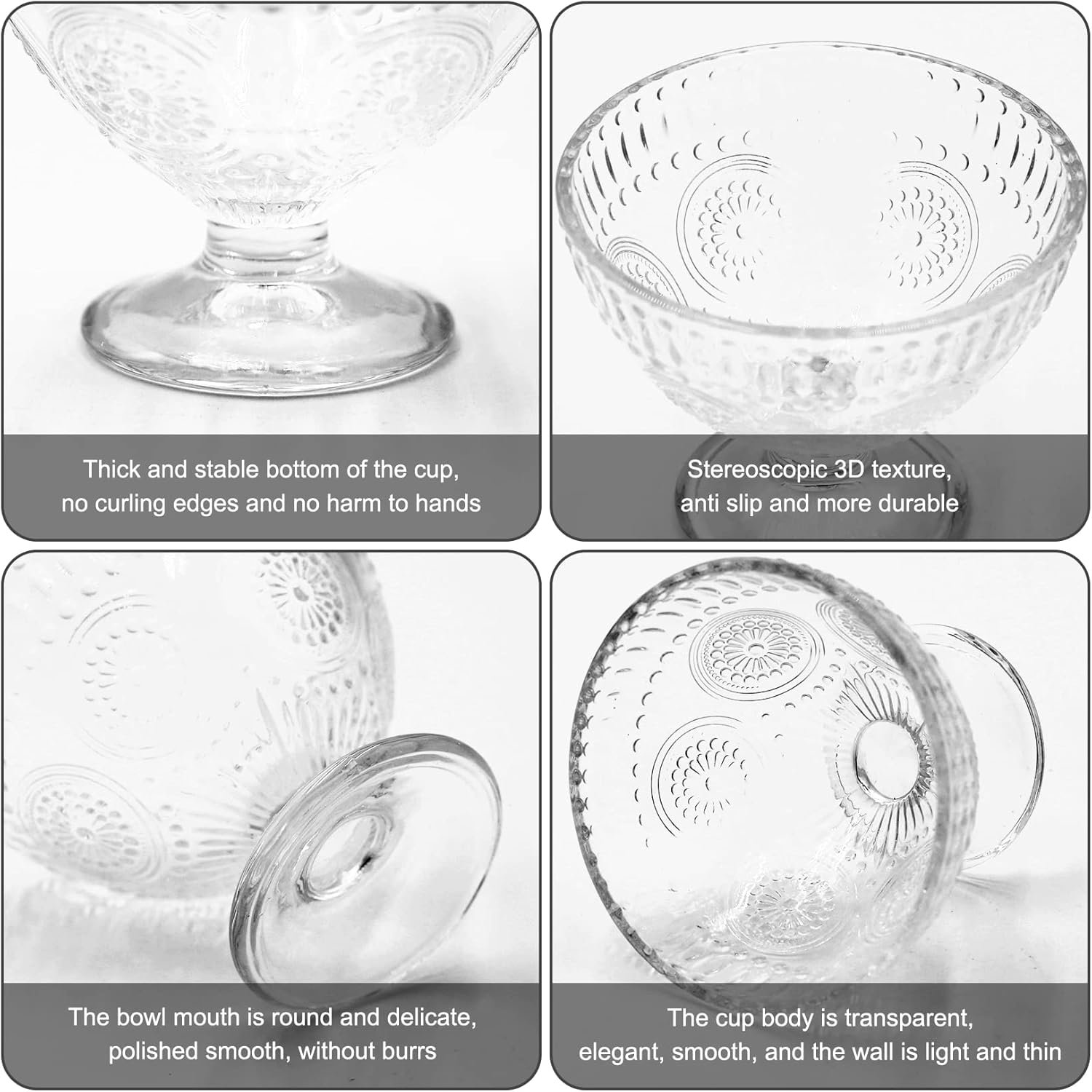 OEM 6-Piece 7.44oz Footed Glass Dessert Bowls with Spoons Embossed Trifle Dishes for Ice Cream Sundaes Fruit Salads Elegant Reusable Serving for Parties Weddings Home Decor Factory
