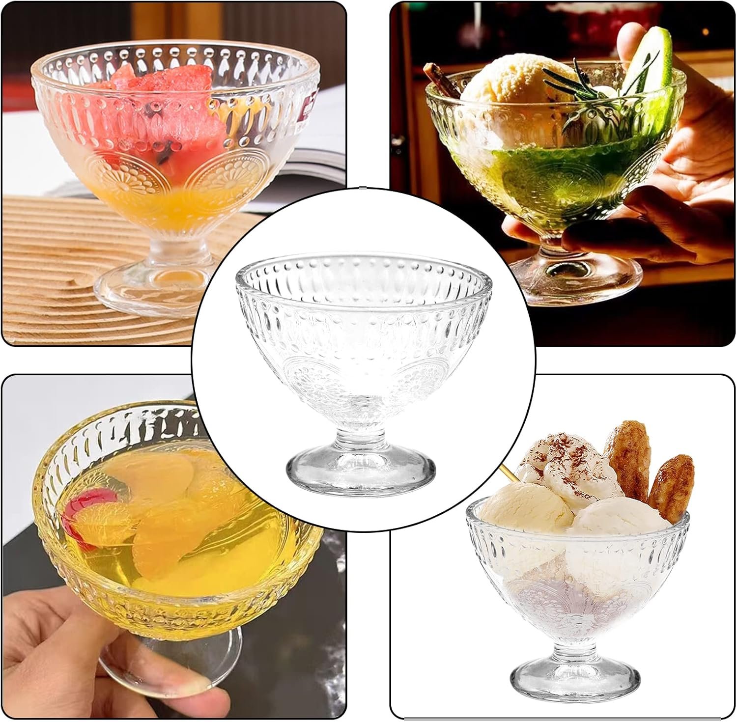 OEM 6-Piece 7.44oz Footed Glass Dessert Bowls with Spoons Embossed Trifle Dishes for Ice Cream Sundaes Fruit Salads Elegant Reusable Serving for Parties Weddings Home Decor Factory