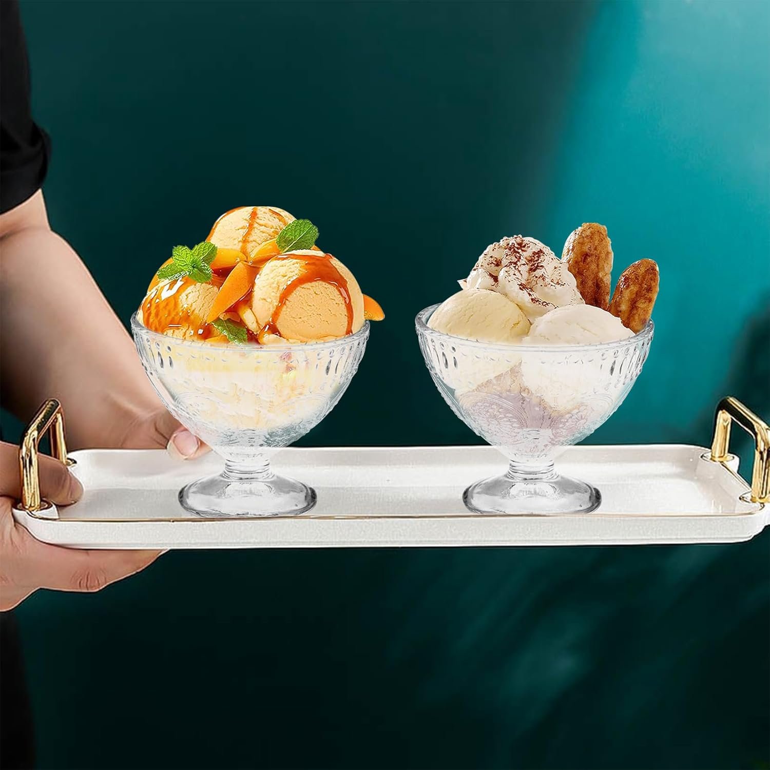 OEM 6-Piece 7.44oz Footed Glass Dessert Bowls with Spoons Embossed Trifle Dishes for Ice Cream Sundaes Fruit Salads Elegant Reusable Serving for Parties Weddings Home Decor Factory