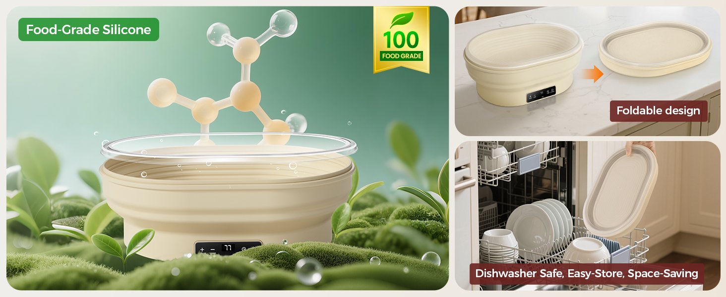 OEM 2L 11-Inch Oval Silicone Sourdough Proofing Basket Banneton Heated Timer 6 Temperature Settings 77–122°F Foldable Dough Rising Bowl Factory