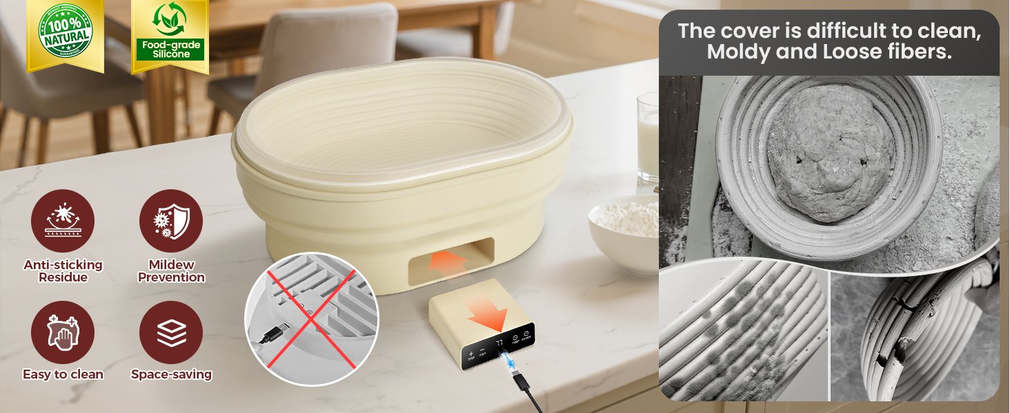 OEM 2L 11-Inch Oval Silicone Sourdough Proofing Basket Banneton Heated Timer 6 Temperature Settings 77–122°F Foldable Dough Rising Bowl Factory