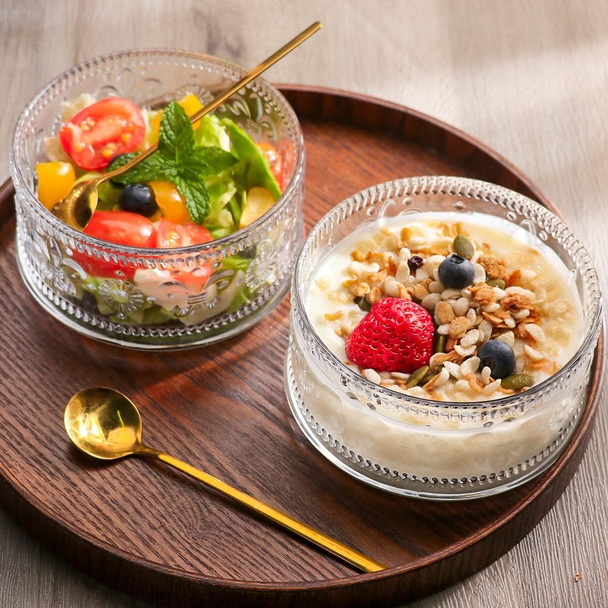 OEM Glass Dessert Bowls with Gold Spoon Set of 4 15.5oz Capacity for Ice Cream Cereal Pudding Nuts Trifle Serving Factory