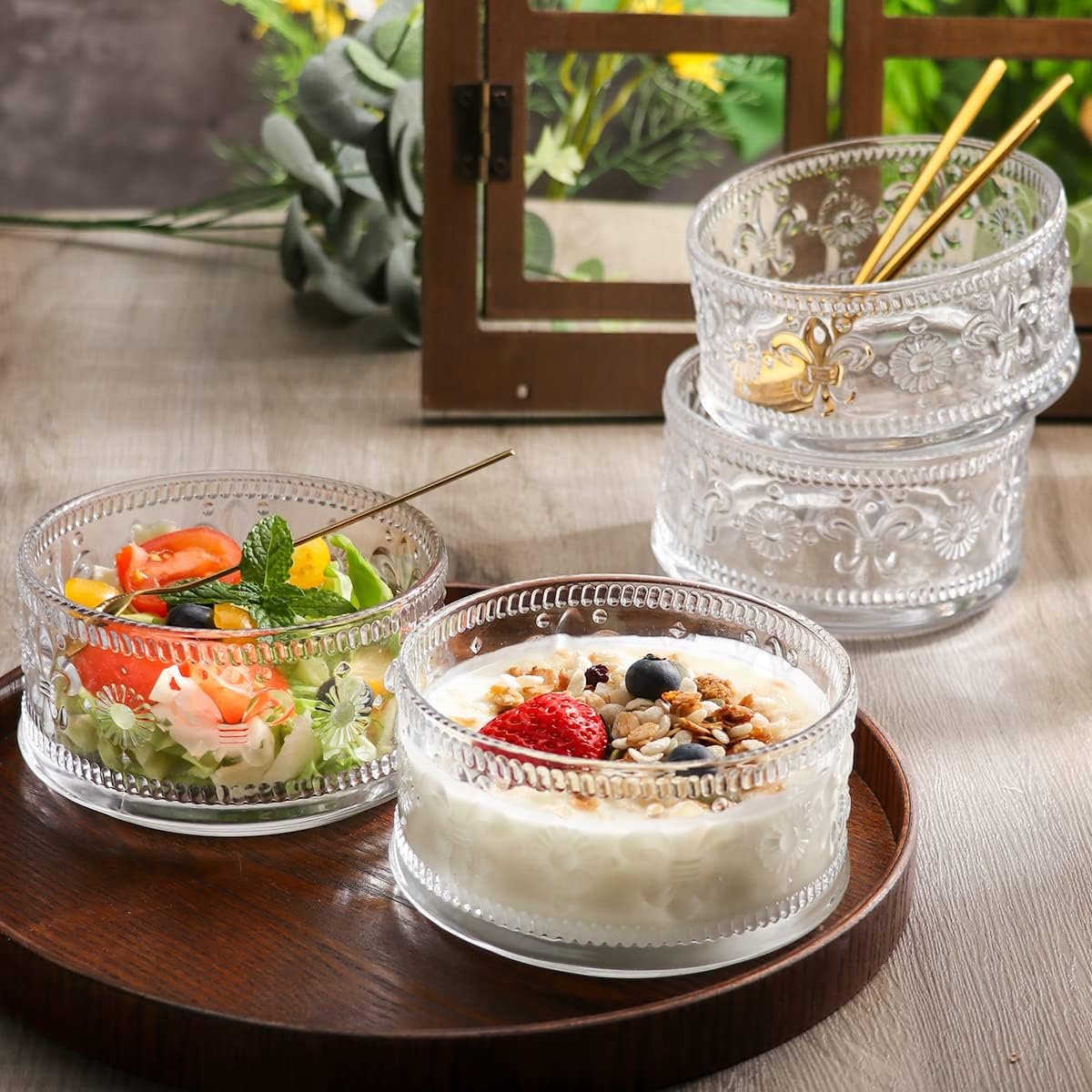 OEM Glass Dessert Bowls with Gold Spoon Set of 4 15.5oz Capacity for Ice Cream Cereal Pudding Nuts Trifle Serving Factory