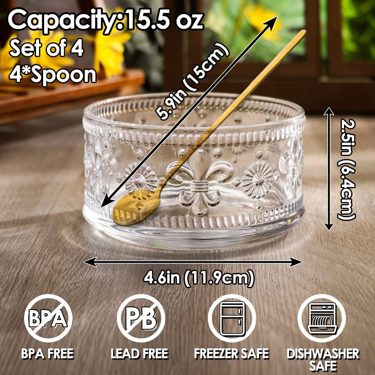 OEM Glass Dessert Bowls with Gold Spoon Set of 4 15.5oz Capacity for Ice Cream Cereal Pudding Nuts Trifle Serving Factory
