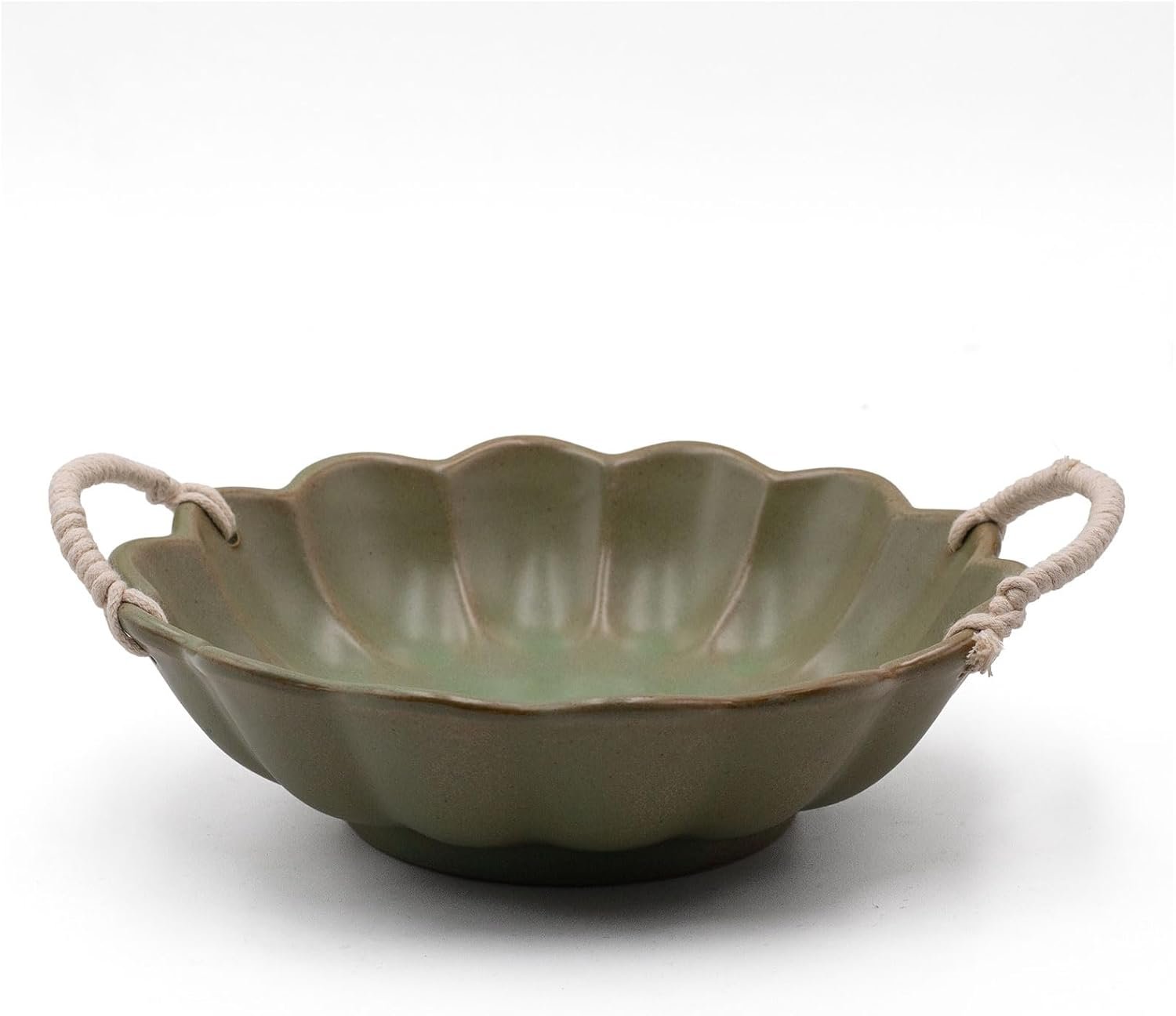 7.7inch Small Vintage Scalloped Ceramic Bowl with Rope Handles, Retro Style Glazed Purse Bowl for Serving Fruit,Salad,Table Centerpiece Decor (Green)