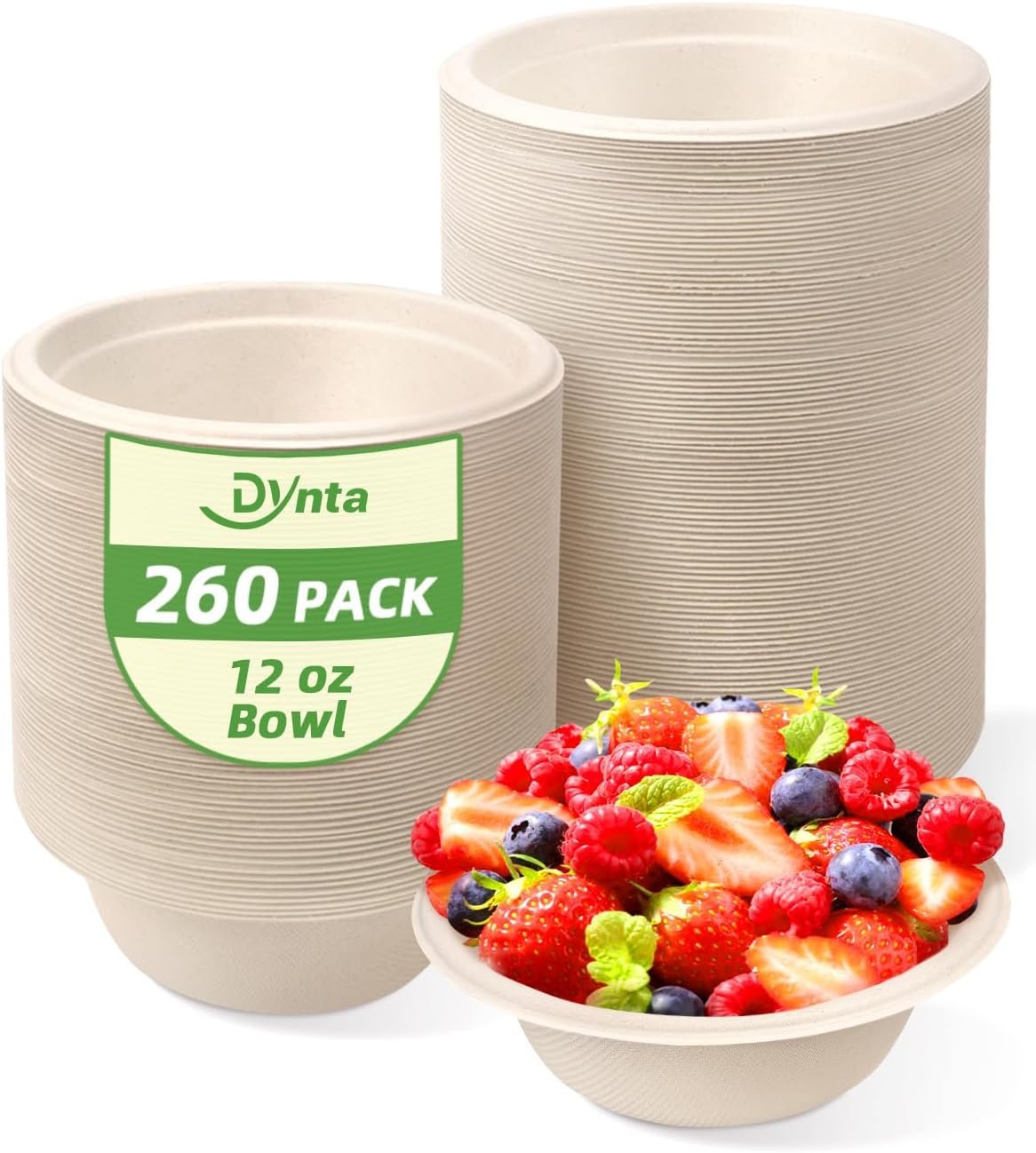 Dynta Paper Bowls 260 Pcs 12oz Compostable, Eco-Friendly Disposable Soup Heavy Duty Bulk Small Salad bowls for Parties, Picnic (Natural Brown)