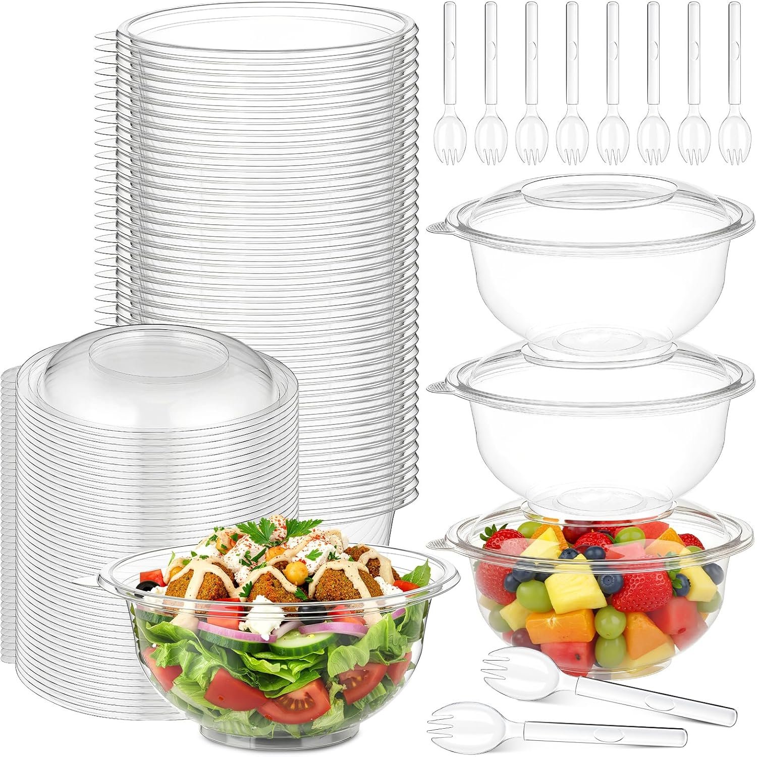 50 Sets Clear Plastic Salad Bowls with Lids Spoons, 32 oz Disposable Plastic Serving Bowls Take out Containers with Lids for Fruit, Salad, Lunch, Food and Quinoa