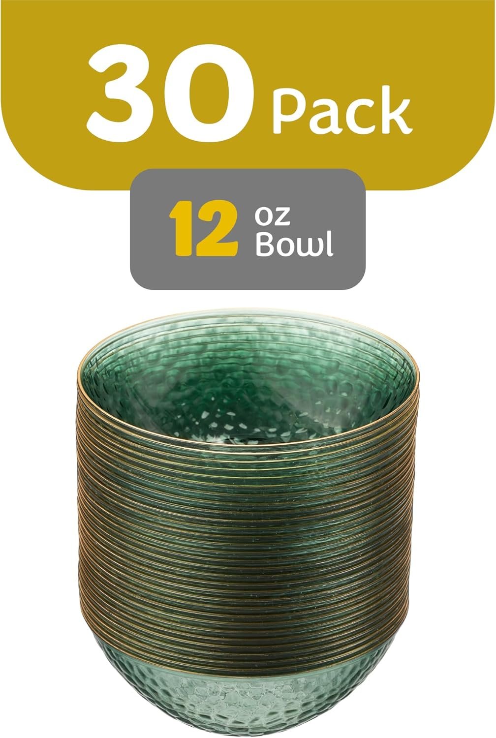 Wholesale 30 Pack 12 Ounce Translucent Green Hammered Plastic Bowls with Gold Rim Heavyweight Disposable Soup Bowls Elegant Party Dishes Factory