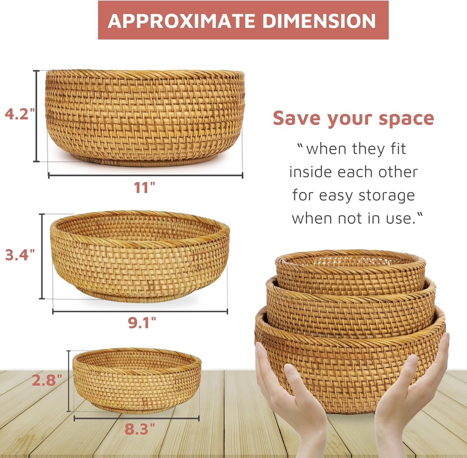 OEM Woven Rattan Fruit Basket Set of 3 Round Stackable Serving Bowls for Kitchen Organization Vegetables Bread Picnic Decor Natural supplier OEM Woven Rattan Fruit Basket Set of 3 Round Stackable Serving Bowls for Kitchen Organization Vegetables Bread Picnic Decor Natural supplier