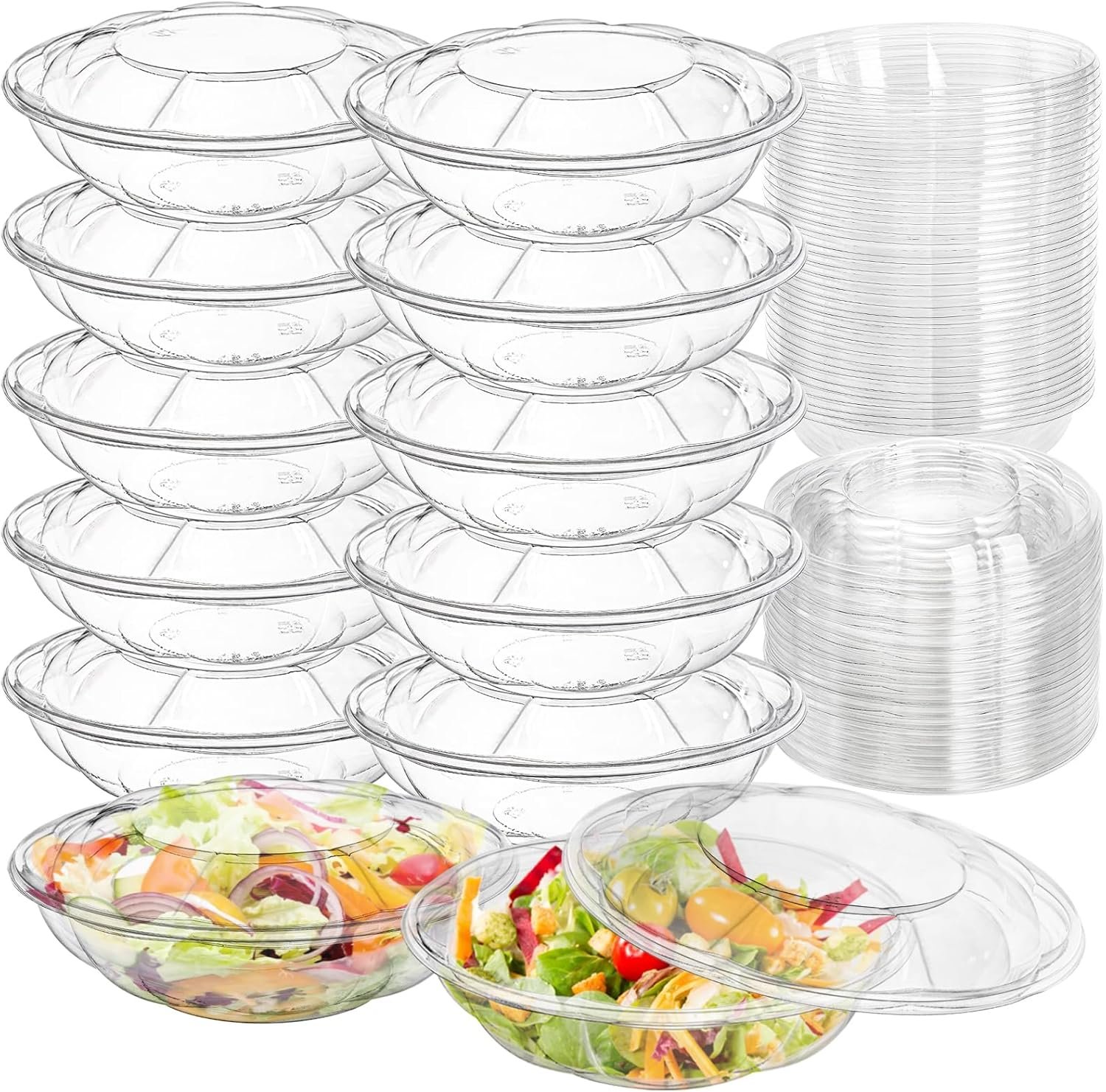50 Pack Plastic Salad Bowls with Lids, 18 oz Disposable Salad To-Go Container for Lunch, Clear Acai Bowls for Takeout Fruits, Meal Prep, Nuts, Serving, and Mixing