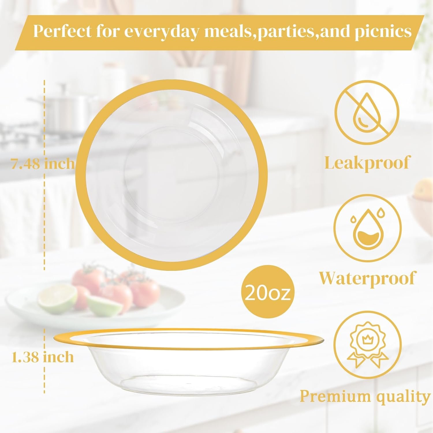 Wholesale 60Pcs 12OZ Gold Plastic Disposable Clear Dessert and Soup Bowls for Wedding Christmas New Year Factory