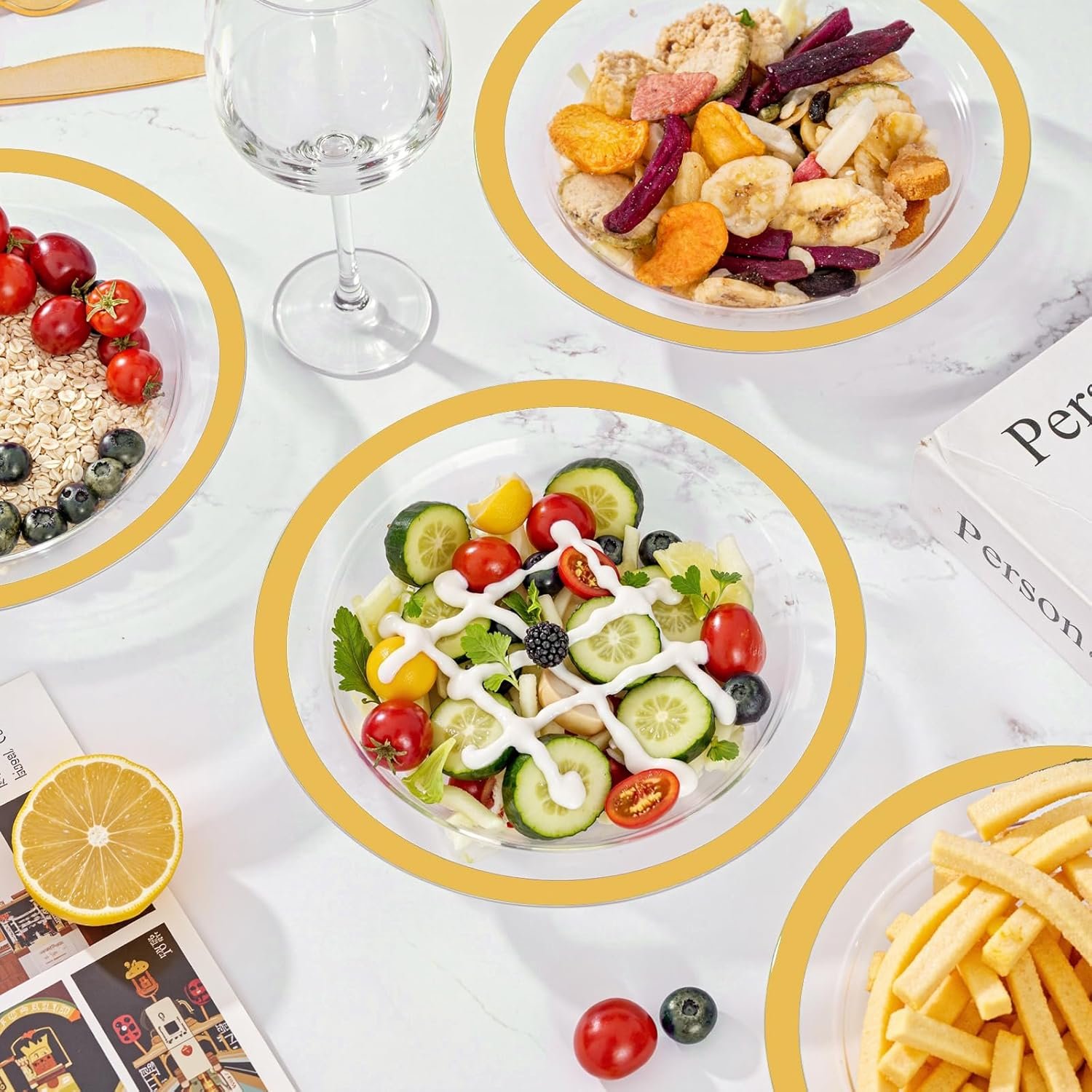 Wholesale 60Pcs 12OZ Gold Plastic Disposable Clear Dessert and Soup Bowls for Wedding Christmas New Year Factory