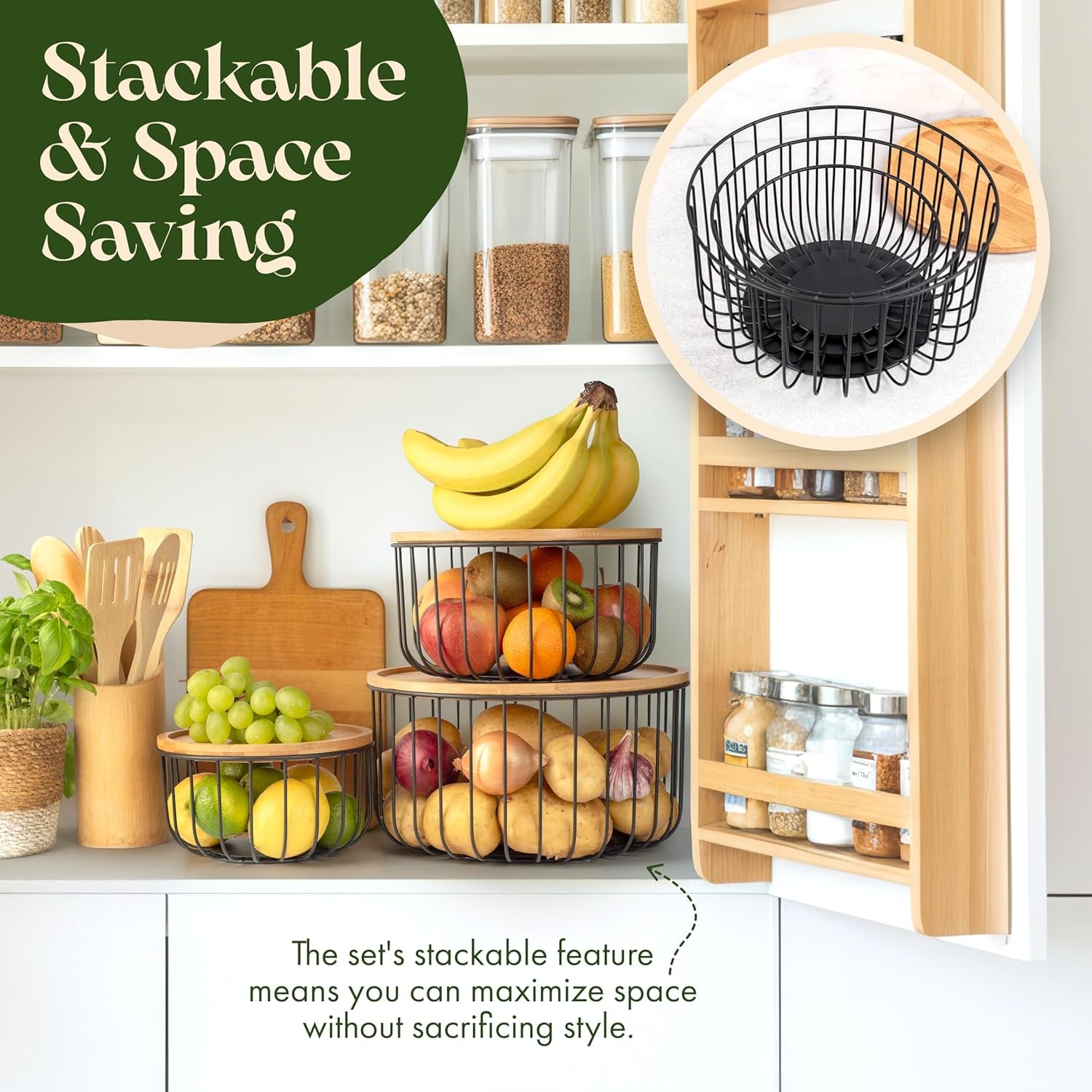 OEM Large Stackable Fruit Basket Set of 3 Kitchen Counter Baskets with Bamboo Lid for Vegetable Storage Factory OEM Large Stackable Fruit Basket Set of 3 Kitchen Counter Baskets with Bamboo Lid for Vegetable Storage Factory