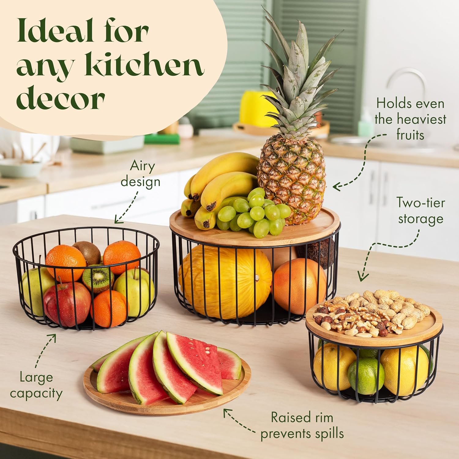 OEM Large Stackable Fruit Basket Set of 3 Kitchen Counter Baskets with Bamboo Lid for Vegetable Storage Factory OEM Large Stackable Fruit Basket Set of 3 Kitchen Counter Baskets with Bamboo Lid for Vegetable Storage Factory