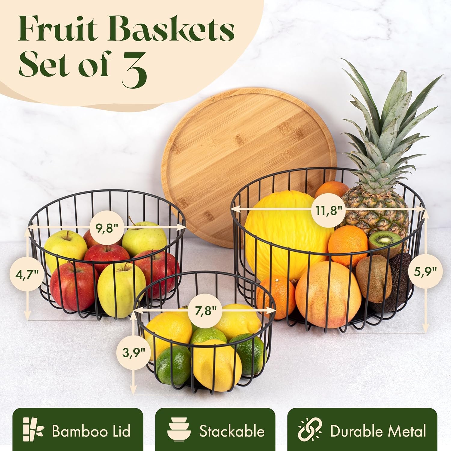 OEM Large Stackable Fruit Basket Set of 3 Kitchen Counter Baskets with Bamboo Lid for Vegetable Storage Factory OEM Large Stackable Fruit Basket Set of 3 Kitchen Counter Baskets with Bamboo Lid for Vegetable Storage Factory