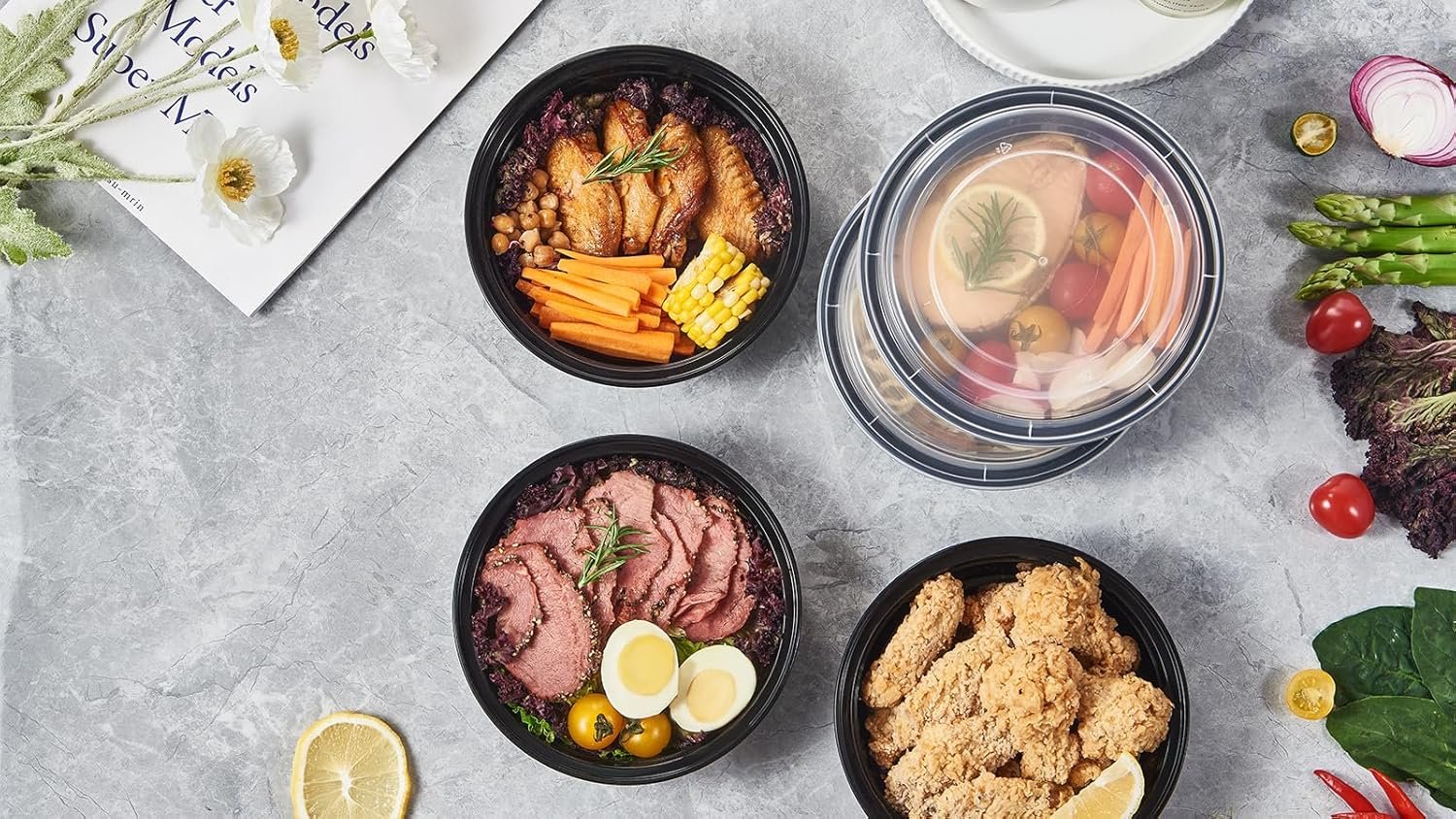 Wholesale 24 oz 50 ct Round Meal Prep Food Storage Containers with Lids Plastic Lunch Boxes Disposable Take Out Bowls Black BPA Free Reusable Durable Stackable Microwave Freezer Dishwasher Safe Factory