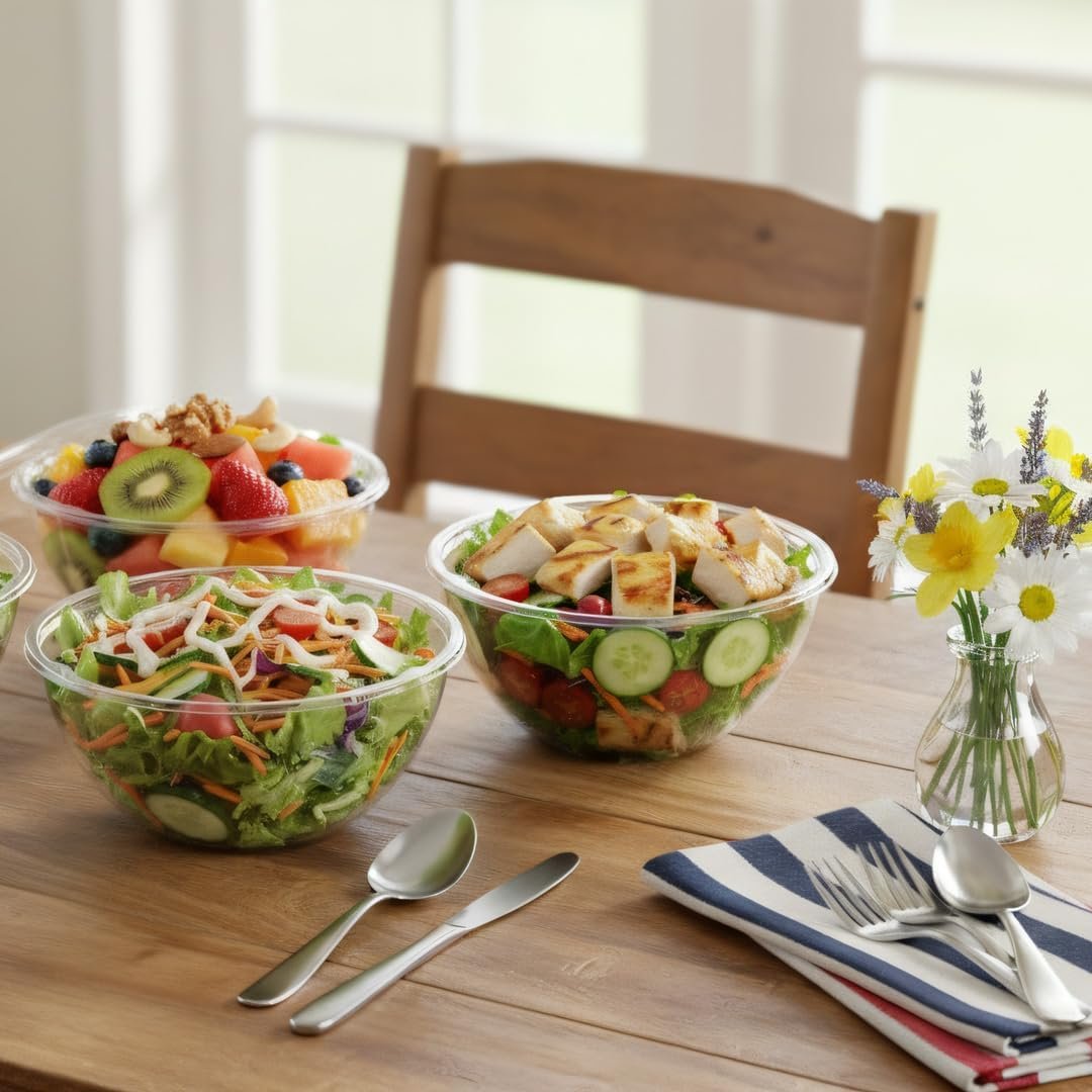 Wholesale 32oz Clear Plastic Disposable Salad Bowls with Lids Sauce Cups and Forks 50 Sets 200 Pcs for Lunch To Go Meal Prep Containers Factory Wholesale 32oz Clear Plastic Disposable Salad Bowls with Lids Sauce Cups and Forks 50 Sets 200 Pcs for Lunch To Go Meal Prep Containers Factory