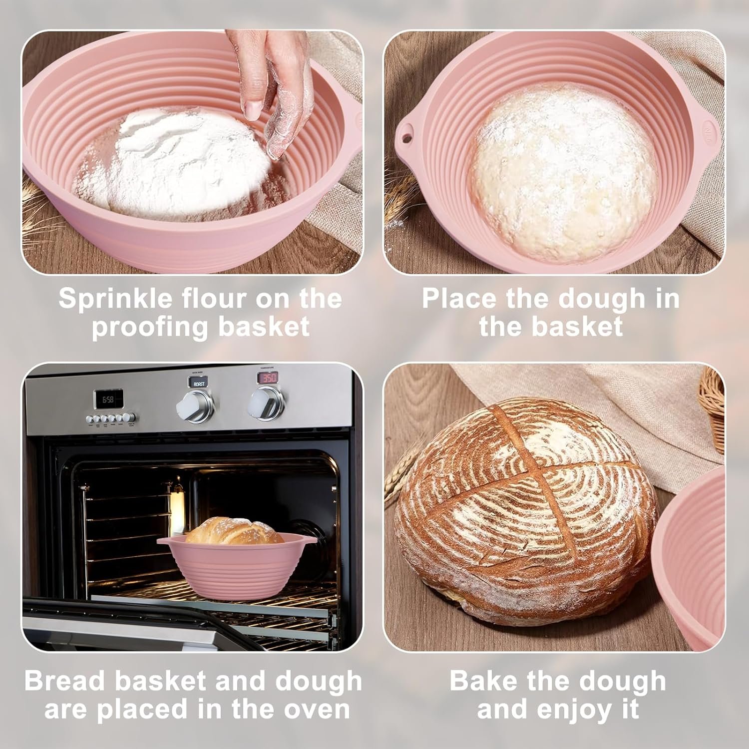 OEM 4 Pcs Upgraded 9 Inch Silicone Sourdough Proofing Baskets with Handles Reinforced Rim Foldable for Bread Baking Oven Dishwasher Safe BPA Free in Green Beige Pink Blue Factory