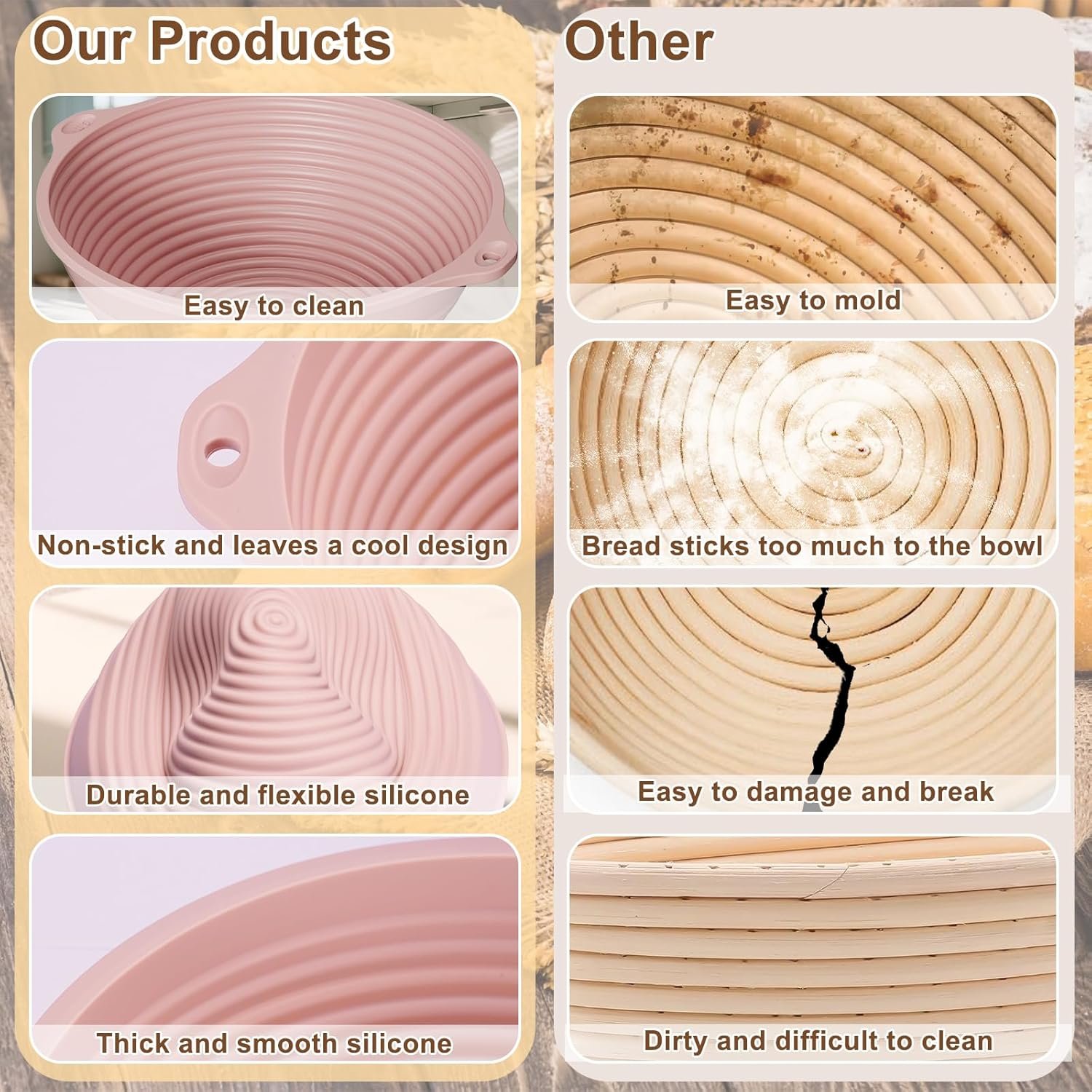 OEM 4 Pcs Upgraded 9 Inch Silicone Sourdough Proofing Baskets with Handles Reinforced Rim Foldable for Bread Baking Oven Dishwasher Safe BPA Free in Green Beige Pink Blue Factory