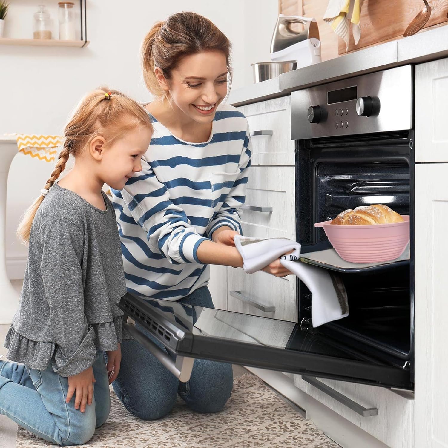 OEM 4 Pcs Upgraded 9 Inch Silicone Sourdough Proofing Baskets with Handles Reinforced Rim Foldable for Bread Baking Oven Dishwasher Safe BPA Free in Green Beige Pink Blue Factory