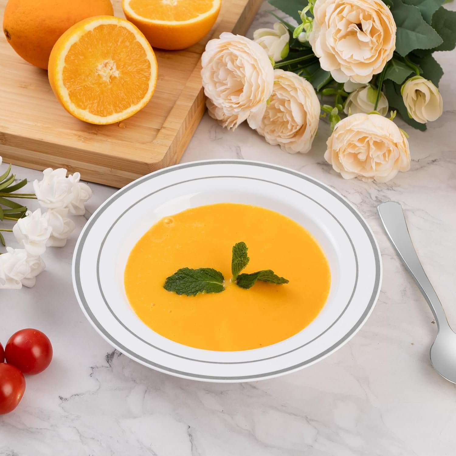 Wholesale 50 Pack 12oz Plastic Disposable Soup Bowls with Silver Rim for Weddings Parties Dinners Catering Everyday Use Factory