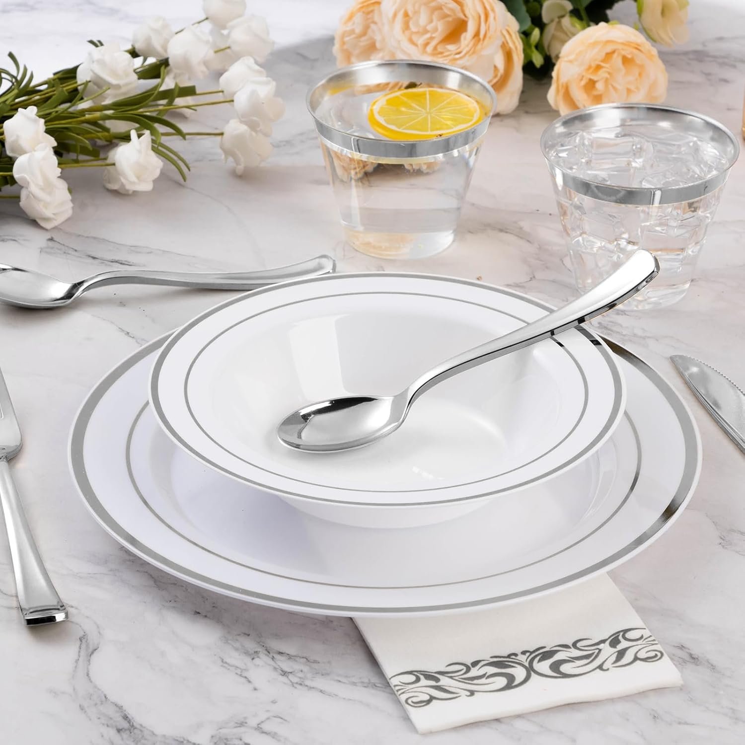 Wholesale 50 Pack 12oz Plastic Disposable Soup Bowls with Silver Rim for Weddings Parties Dinners Catering Everyday Use Factory