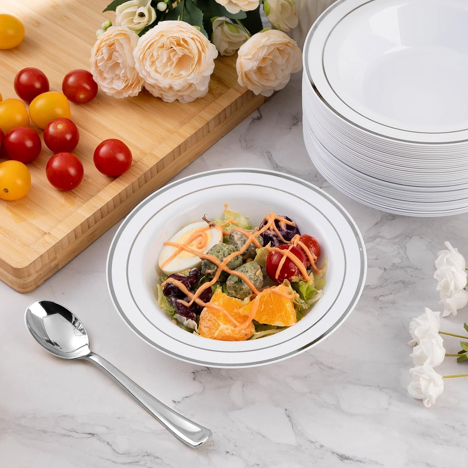 Wholesale 50 Pack 12oz Plastic Disposable Soup Bowls with Silver Rim for Weddings Parties Dinners Catering Everyday Use Factory
