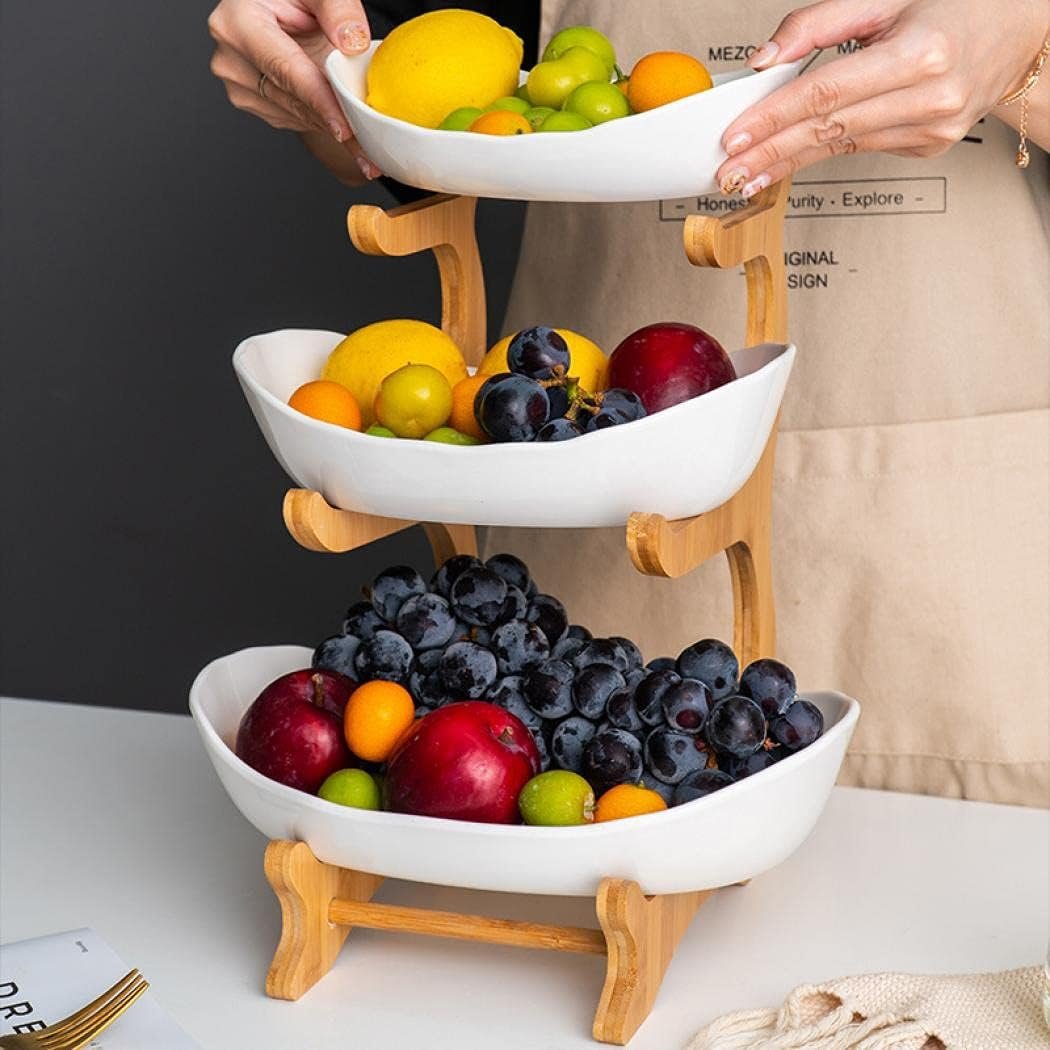 OEM 3-Tier Ceramic Fruit Basket Bowl Set for Kitchen Counter Home Storage of Fruits Veggies Snacks Nuts Bread Candy with Holder Tray (Porcelain) Factory