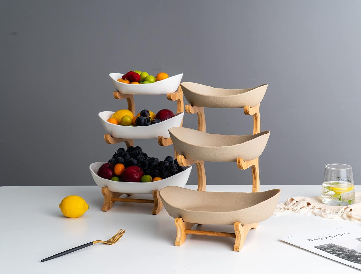 OEM 3-Tier Ceramic Fruit Basket Bowl Set for Kitchen Counter Home Storage of Fruits Veggies Snacks Nuts Bread Candy with Holder Tray (Porcelain) Factory