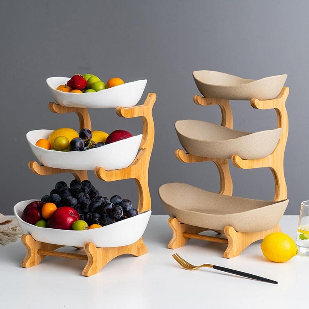 OEM 3-Tier Ceramic Fruit Basket Bowl Set for Kitchen Counter Home Storage of Fruits Veggies Snacks Nuts Bread Candy with Holder Tray (Porcelain) Factory