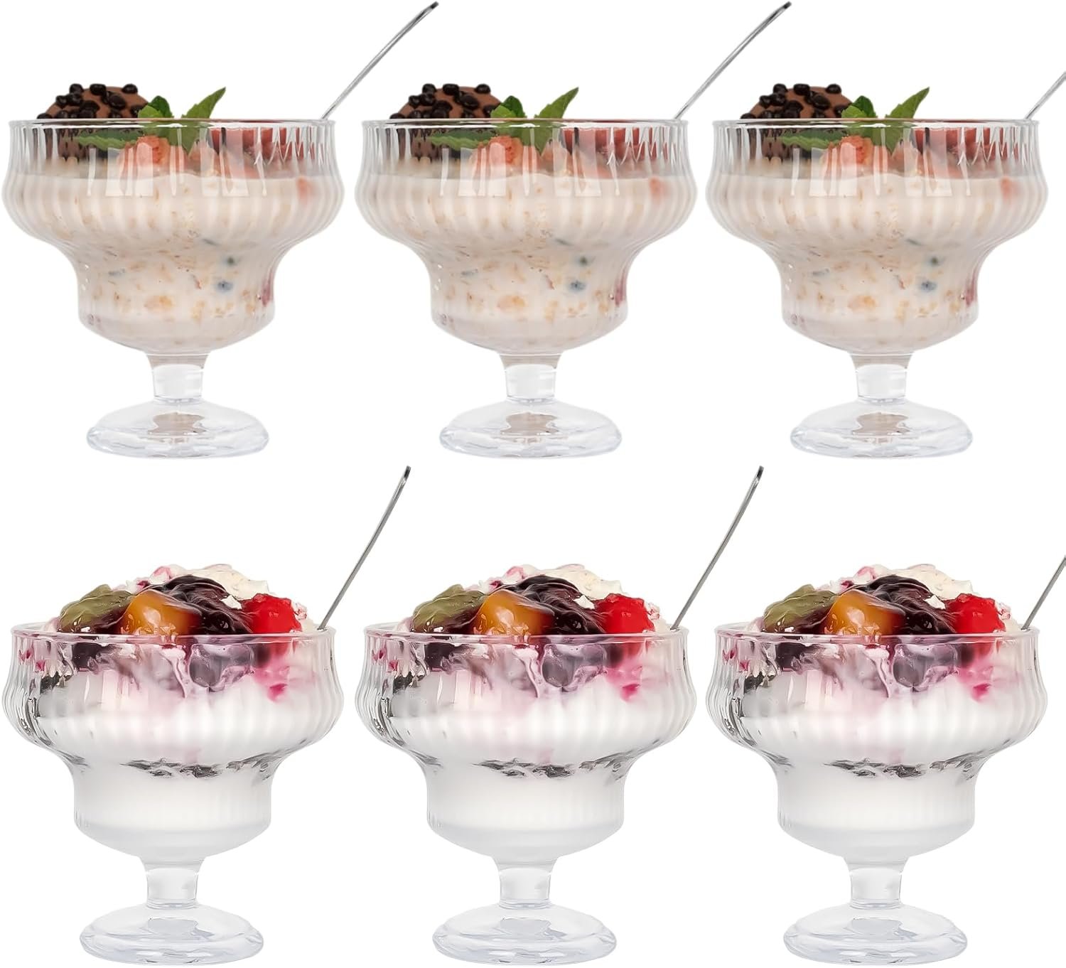 10 OZ Glass Dessert Bowls and Spoons Set 12 Pcs, Crystal Ice Cream Bowls for Sundae Salad Snack Candy Fruit Milkshakes Sherbet Trifle Footed Bowl Parfait Glasses Decorative Shrimp Cocktail Cups