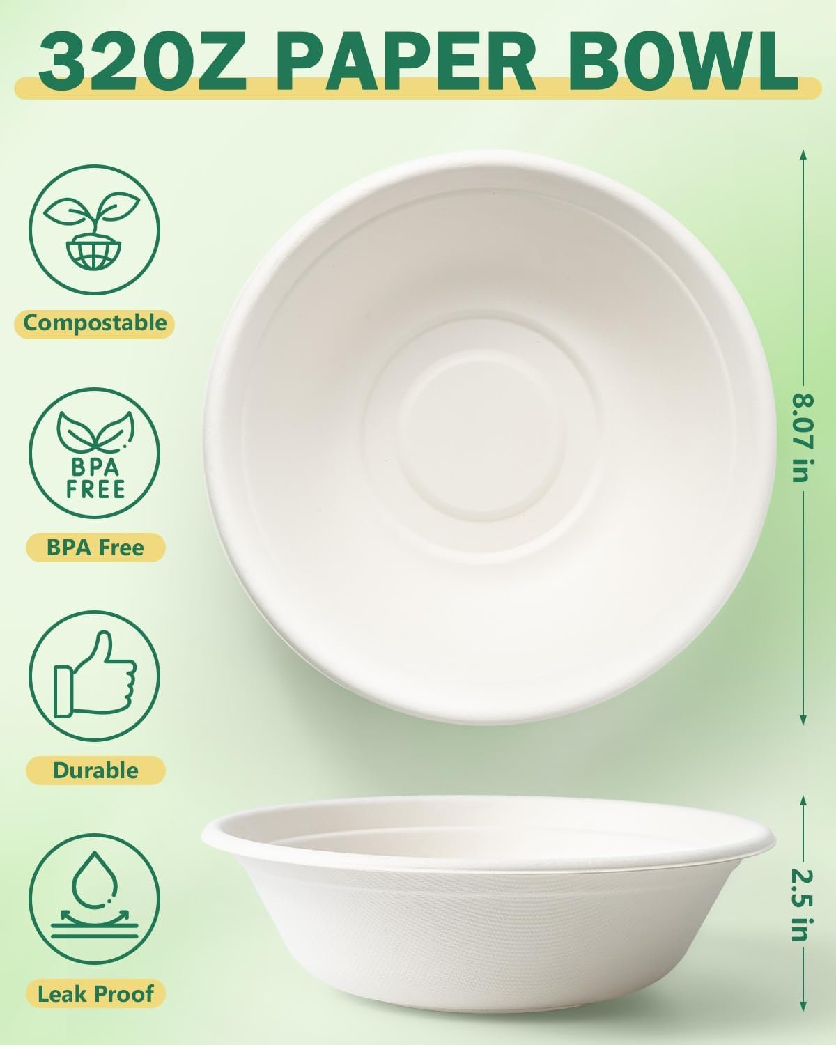 Wholesale 32oz Paper Bowls 110 Pack Disposable Heavy Duty Compostable Eco-Friendly Biodegradable Large Bulk for Hot Soup Salad Party White Factory