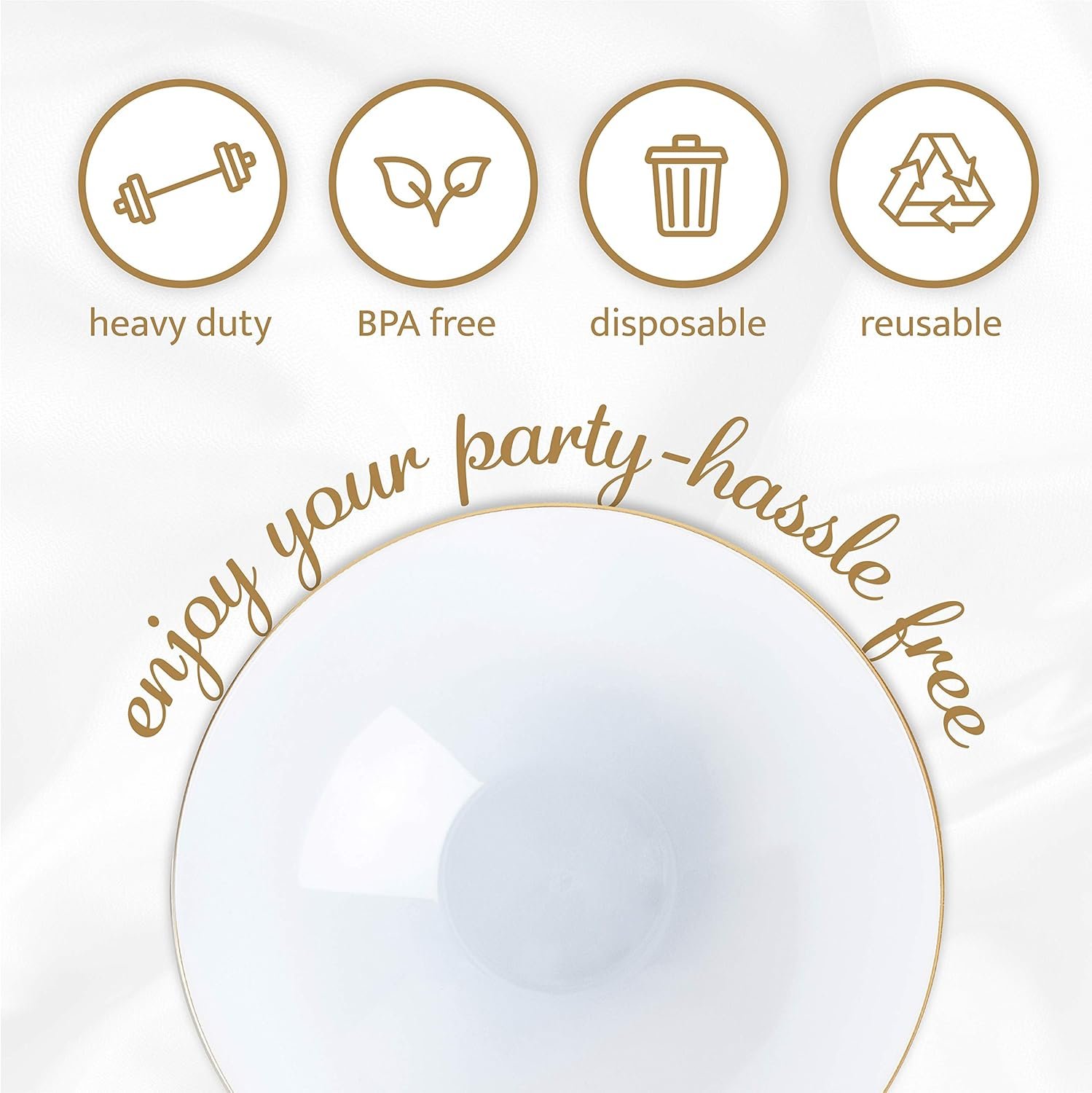 Wholesale [16 OZ 20 Count] White Plastic Floral Design Party Soup Bowls with Gold Rim Premium Heavyweight Elegant Disposable Tableware Dishes Factory