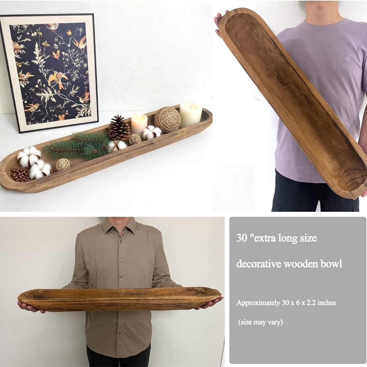 Wholesale Wooden Dough Bowl Rustic Bread Tray Hand Carved Table Centerpiece Home Decor 30x6x2 Inches Brown Factory