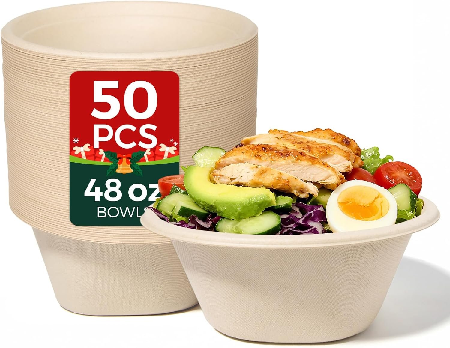 Heavy Duty 48 OZ [50 Pack] Disposable Bowls - 100% Sugarcane Fiber, Microwave Safe - Large Compostable Paper Bowls for Soup, Salad, Ramen, Popcorn