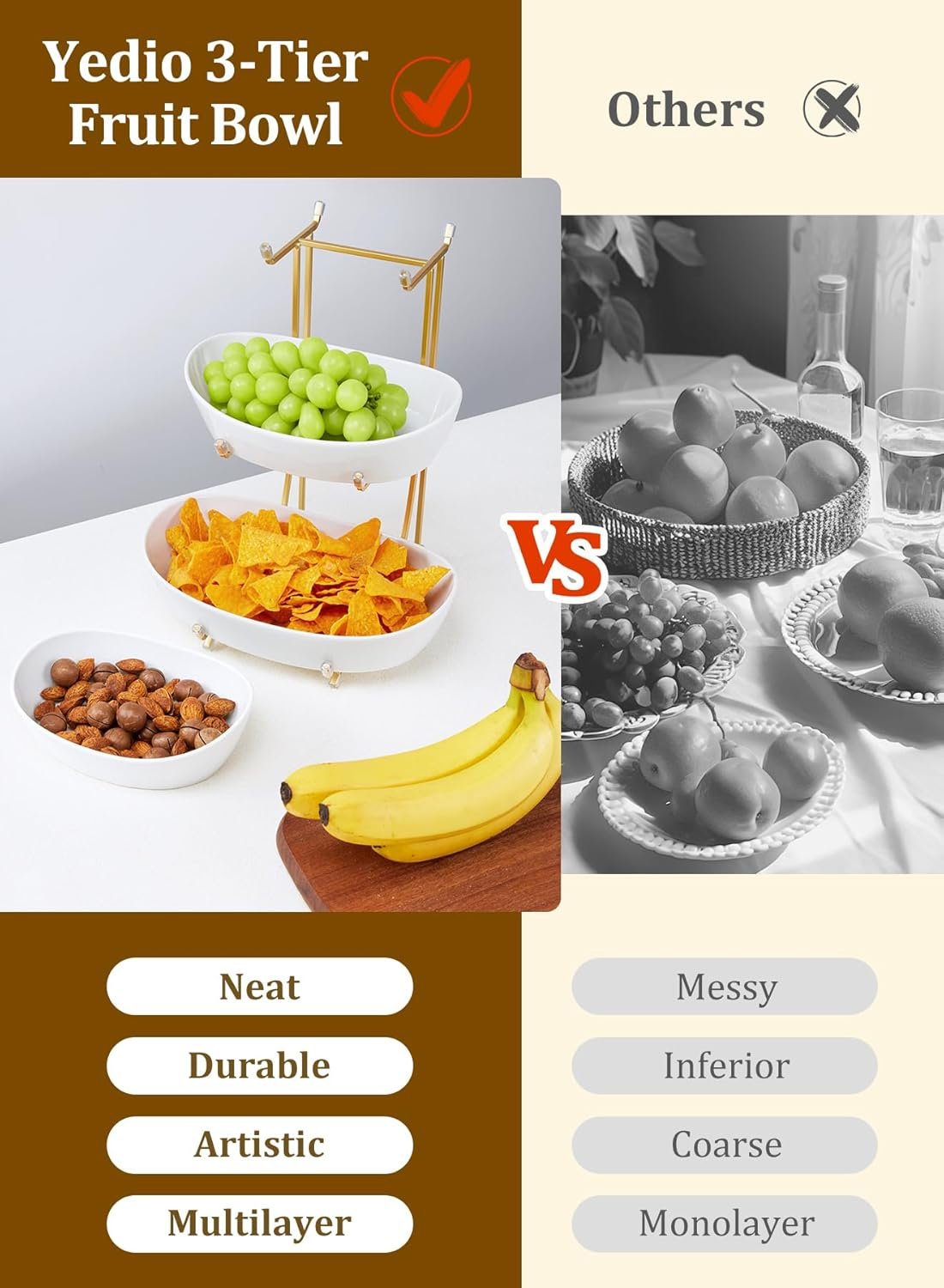 OEM 3 Tier Ceramic Fruit Bowl with Metal Stand for Kitchen Counter No Assembly Required Tiered Basket for Fruits Veggies Snacks Cakes Desserts Factory