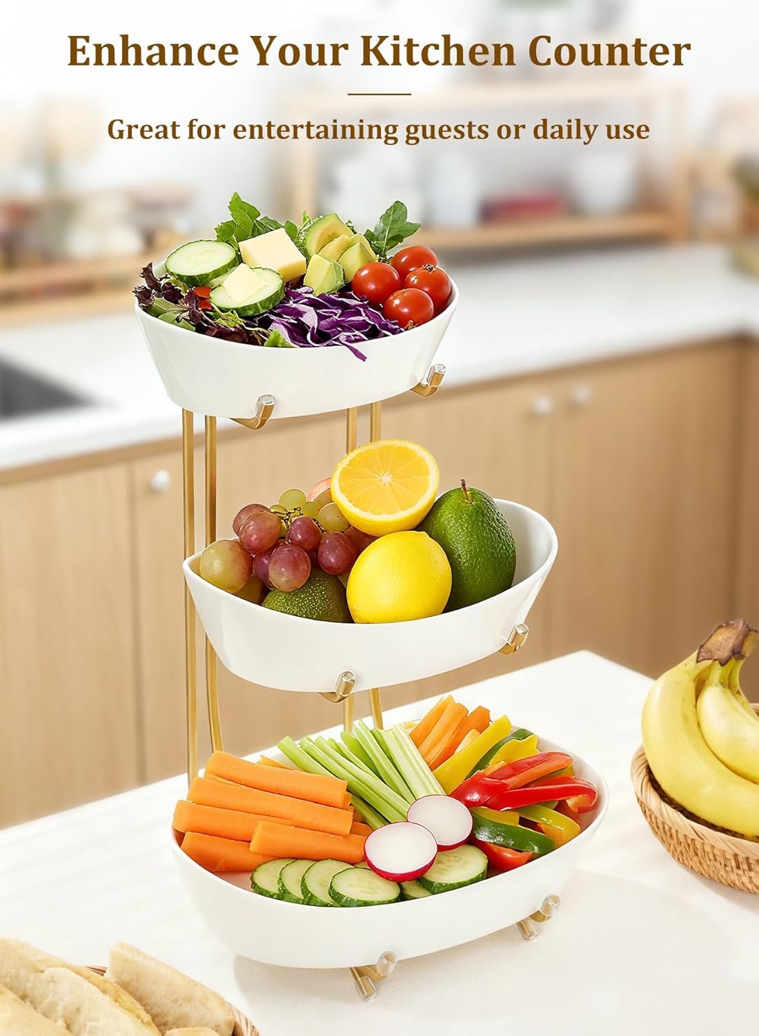 OEM 3 Tier Ceramic Fruit Bowl with Metal Stand for Kitchen Counter No Assembly Required Tiered Basket for Fruits Veggies Snacks Cakes Desserts Factory