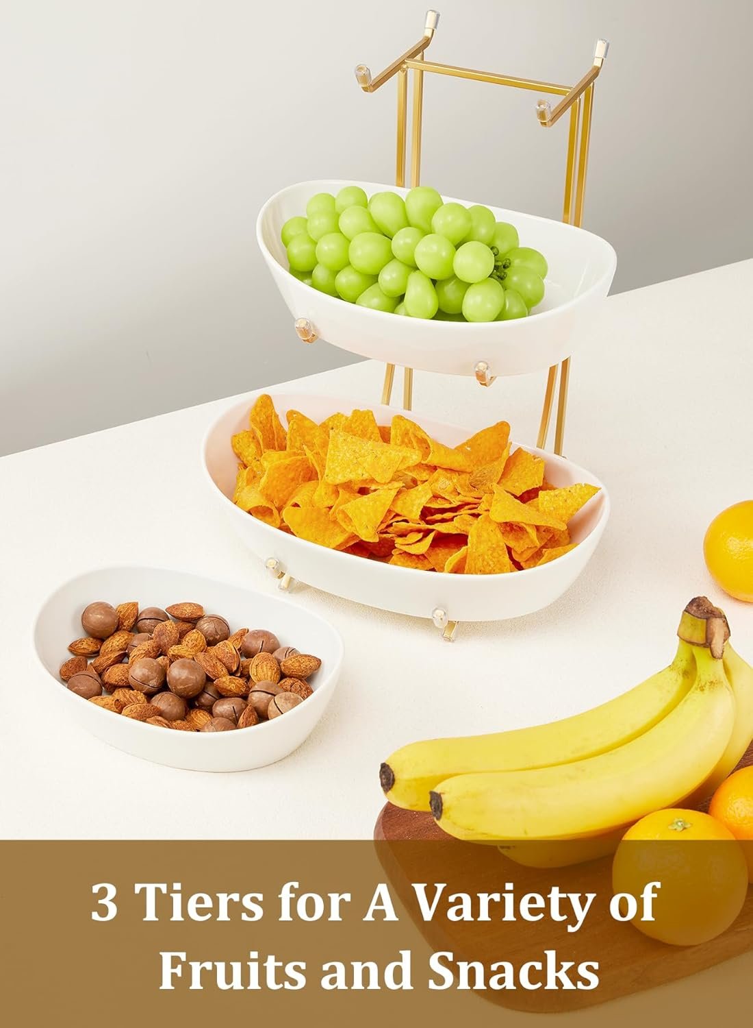 OEM 3 Tier Ceramic Fruit Bowl with Metal Stand for Kitchen Counter No Assembly Required Tiered Basket for Fruits Veggies Snacks Cakes Desserts Factory