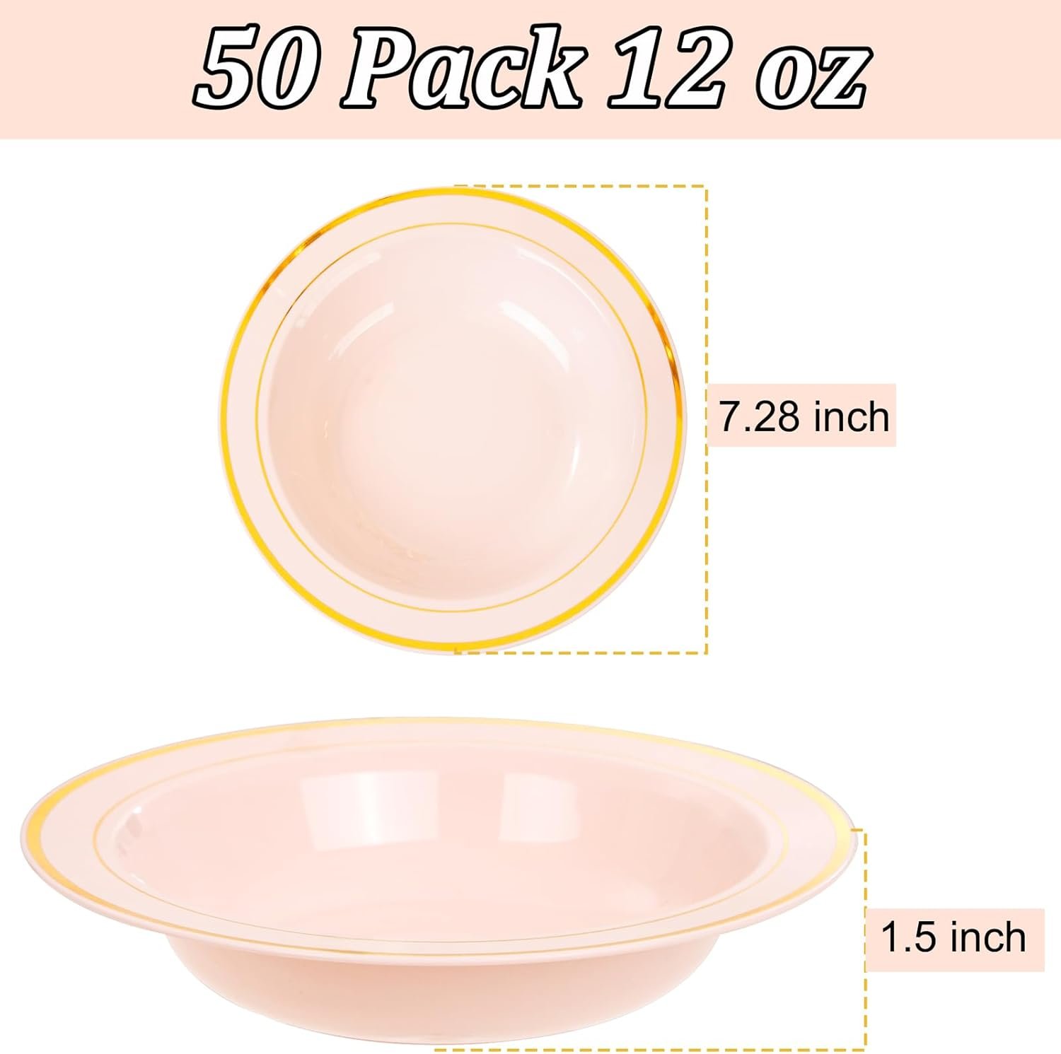 Wholesale 50 Pack 12oz Pink Plastic Bowls with Gold Rim - Disposable Heavy Duty Soup Dessert Salad Ice Cream Bowls for Weddings Parties Catering Everyday Use Factory