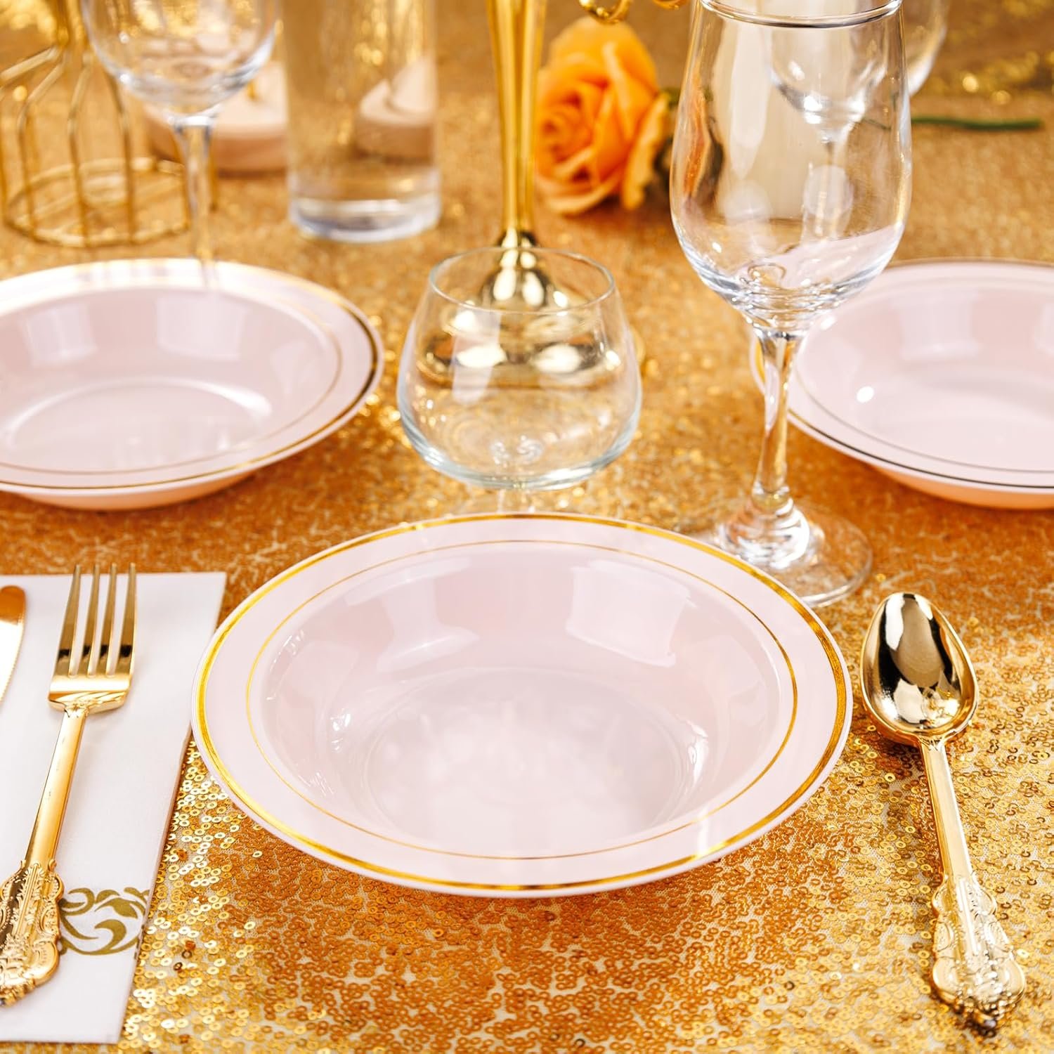Wholesale 50 Pack 12oz Pink Plastic Bowls with Gold Rim - Disposable Heavy Duty Soup Dessert Salad Ice Cream Bowls for Weddings Parties Catering Everyday Use Factory