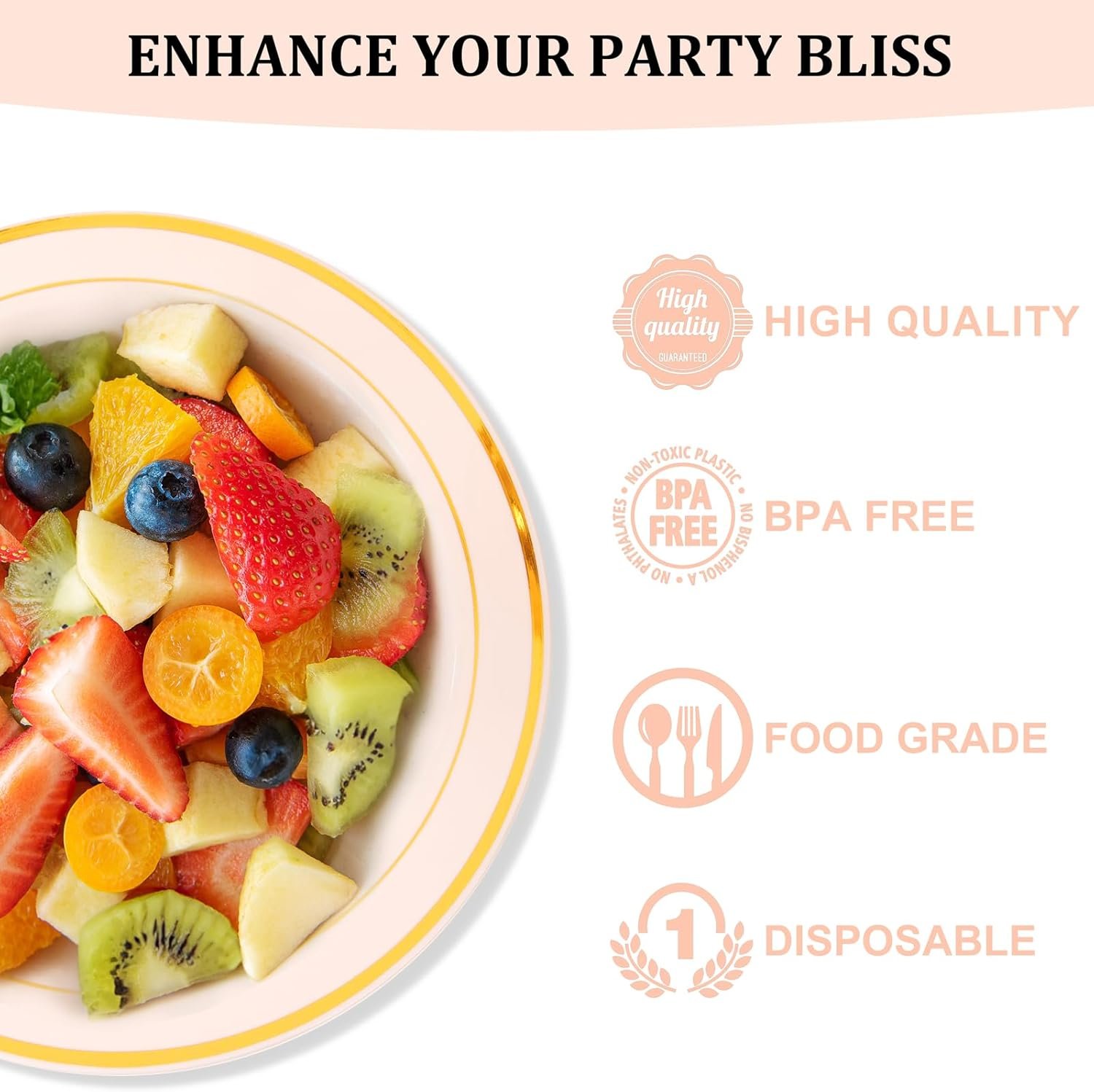 Wholesale 50 Pack 12oz Pink Plastic Bowls with Gold Rim - Disposable Heavy Duty Soup Dessert Salad Ice Cream Bowls for Weddings Parties Catering Everyday Use Factory