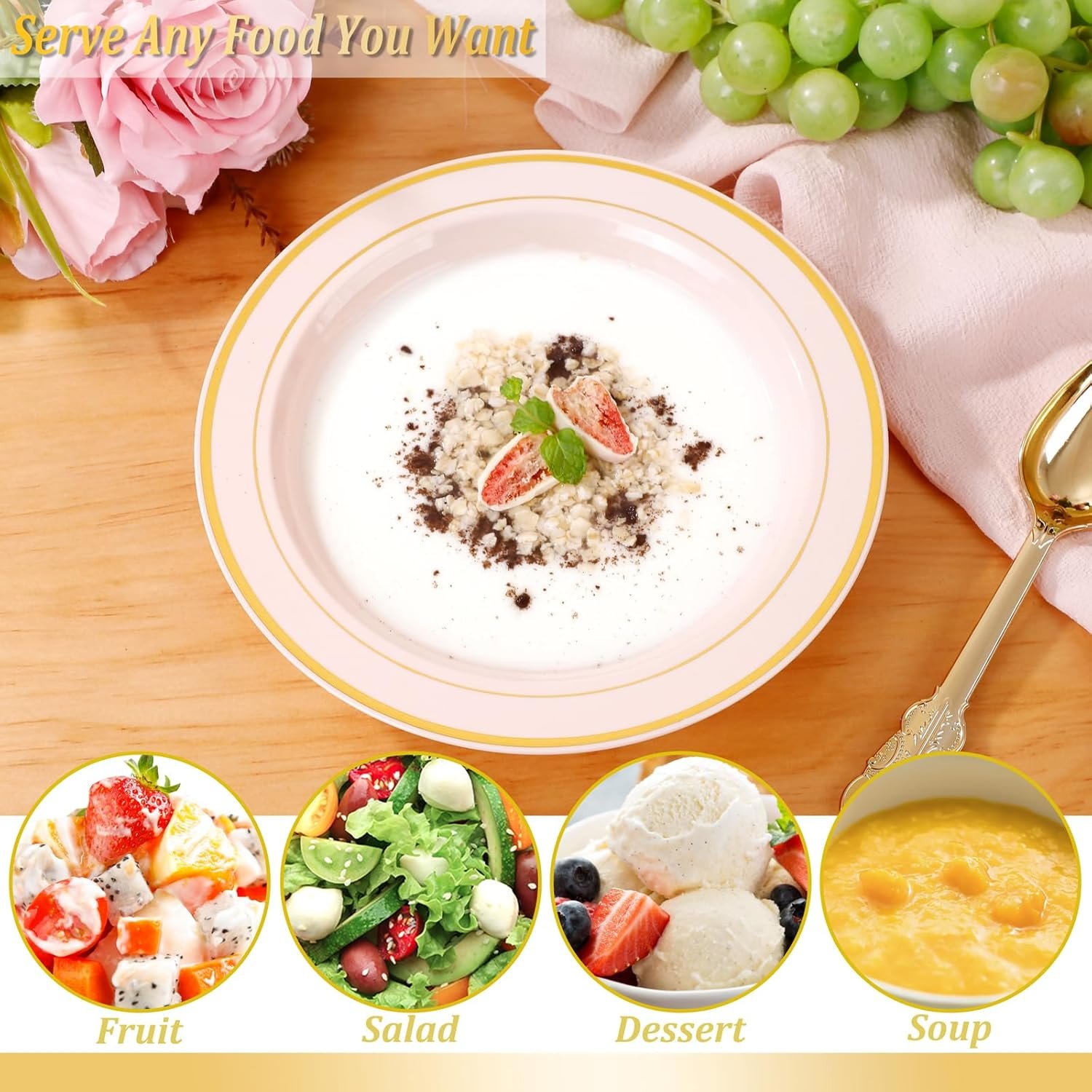 Wholesale 50 Pack 12oz Pink Plastic Bowls with Gold Rim - Disposable Heavy Duty Soup Dessert Salad Ice Cream Bowls for Weddings Parties Catering Everyday Use Factory