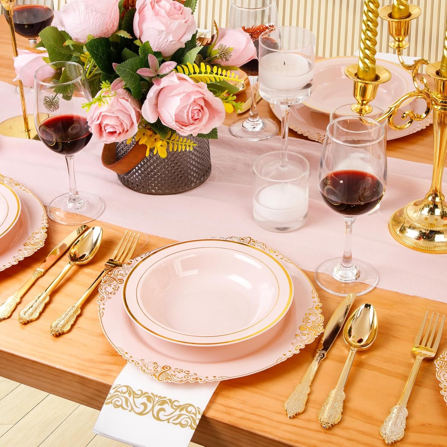 Wholesale 50 Pack 12oz Pink Plastic Bowls with Gold Rim - Disposable Heavy Duty Soup Dessert Salad Ice Cream Bowls for Weddings Parties Catering Everyday Use Factory