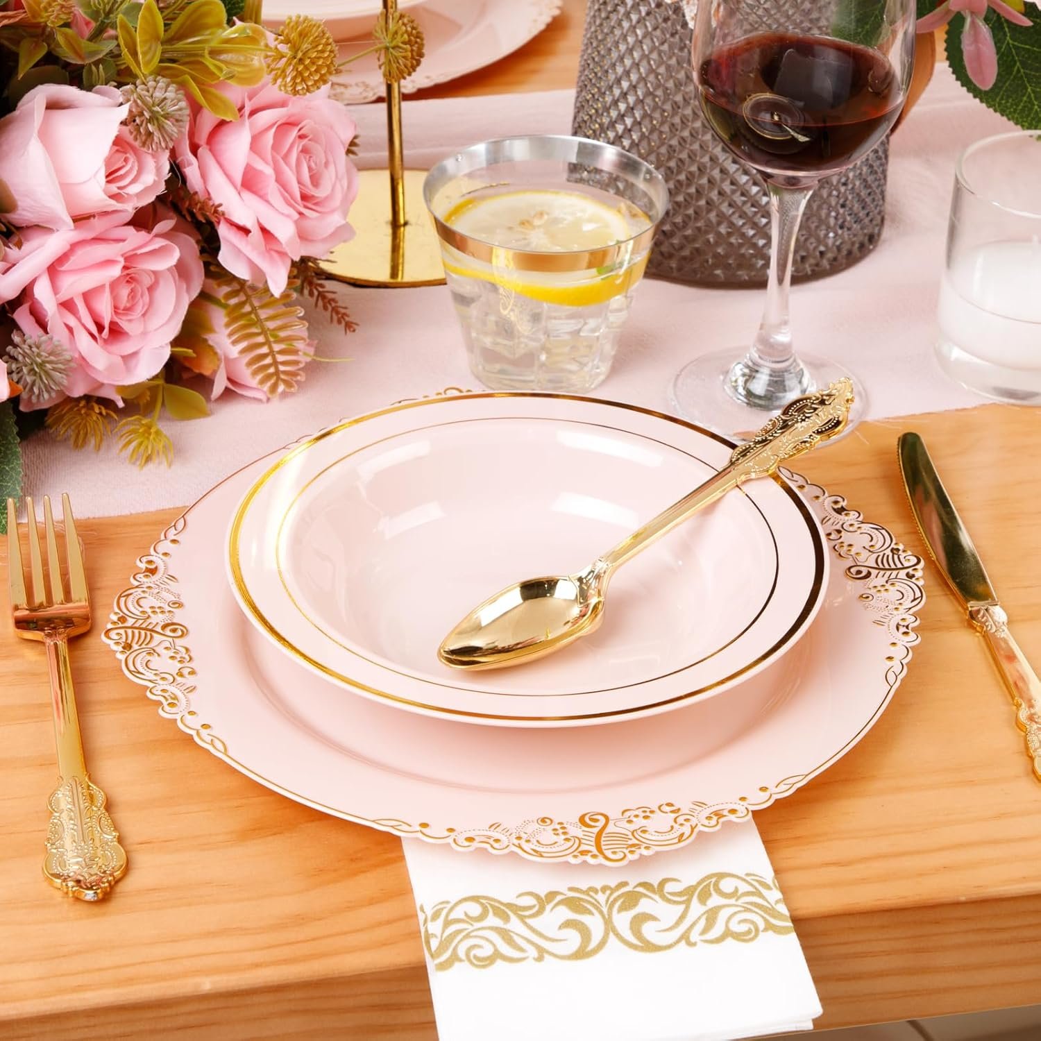 Wholesale 50 Pack 12oz Pink Plastic Bowls with Gold Rim - Disposable Heavy Duty Soup Dessert Salad Ice Cream Bowls for Weddings Parties Catering Everyday Use Factory