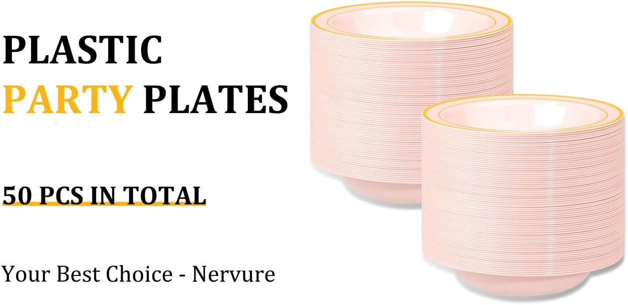 Wholesale 50 Pack 12oz Pink Plastic Bowls with Gold Rim - Disposable Heavy Duty Soup Dessert Salad Ice Cream Bowls for Weddings Parties Catering Everyday Use Factory