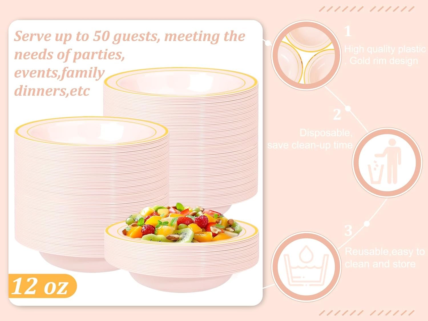 Wholesale 50 Pack 12oz Pink Plastic Bowls with Gold Rim - Disposable Heavy Duty Soup Dessert Salad Ice Cream Bowls for Weddings Parties Catering Everyday Use Factory